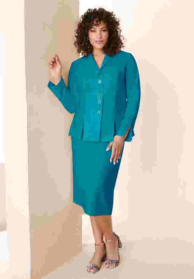 Plus Size Long Sleeve Shawl-Collar Jacket & Sheath Skirt Set – 2-Piece Suit image number 0