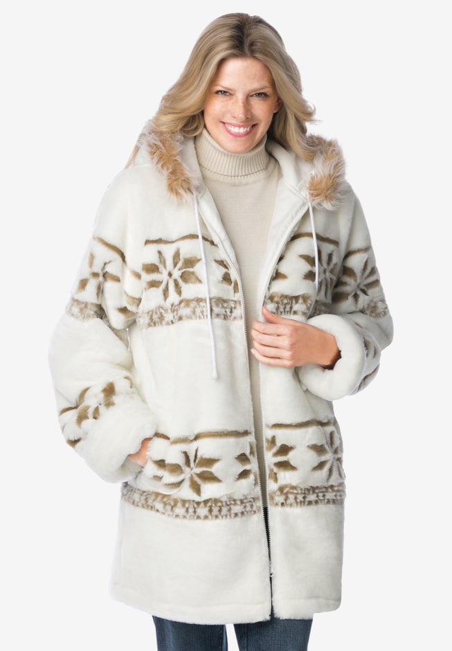 Faux Fur Snowflake Print Hooded Jacket image number 0