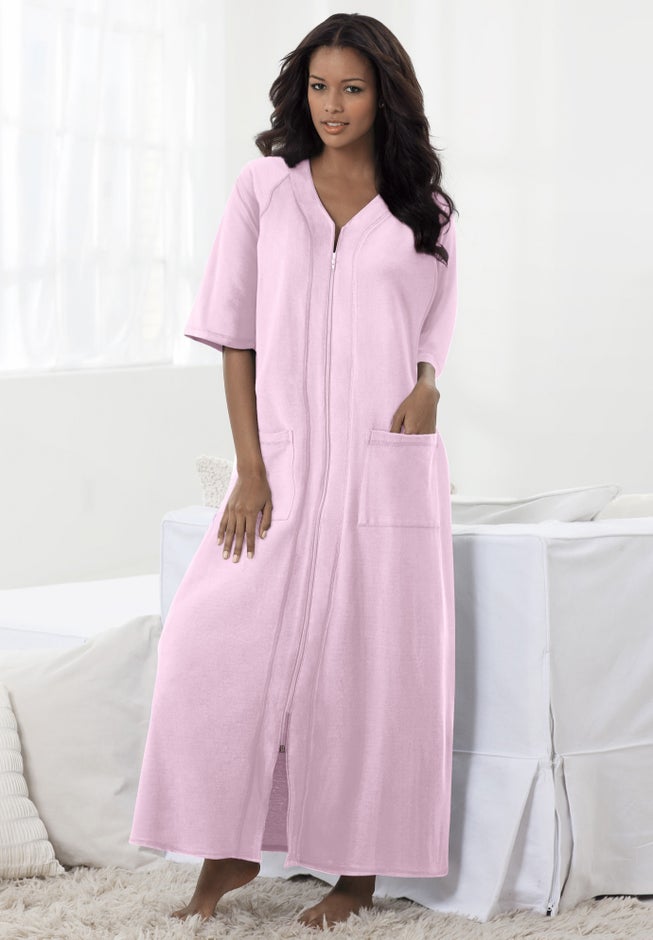 Adonna Terry Robe Fashionable Long French Terry Zip-Front Robe, Classic Red | Roaman's