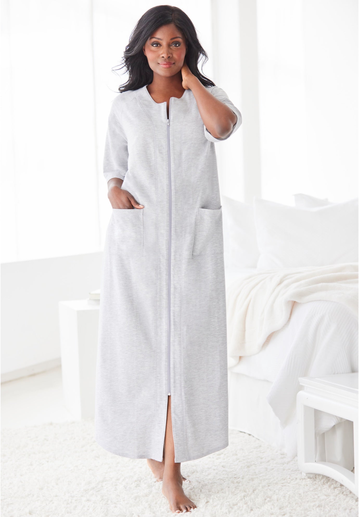Long French Terry Zip-Front Robe image number 4