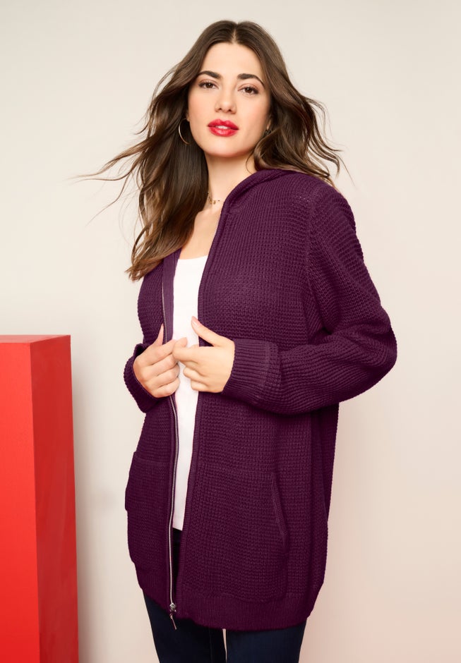 Plus Size Waffle Knit Zip-Front Relaxed Hoodie image number 3