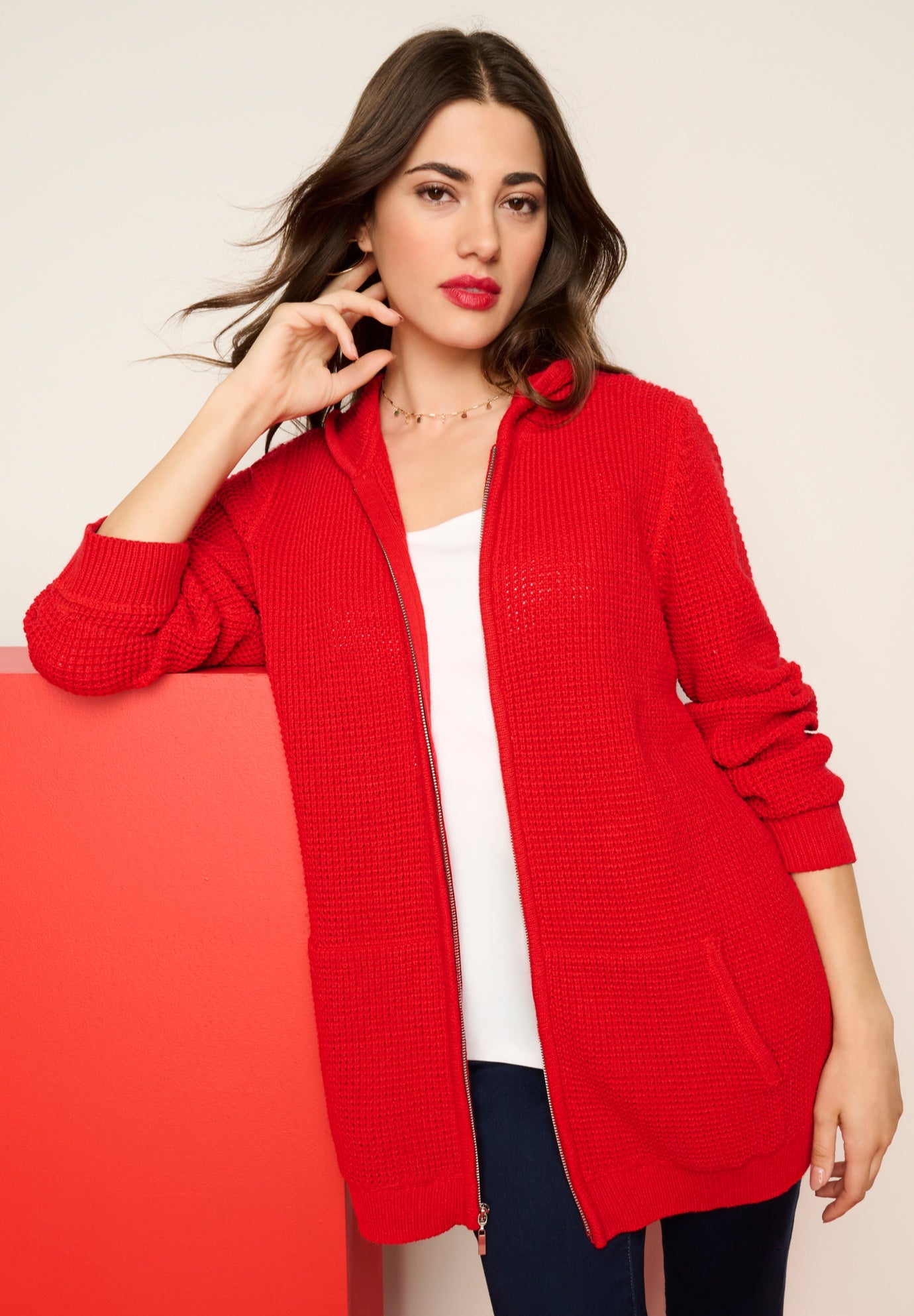 Plus Size Waffle Knit Zip Hoodie image number 2