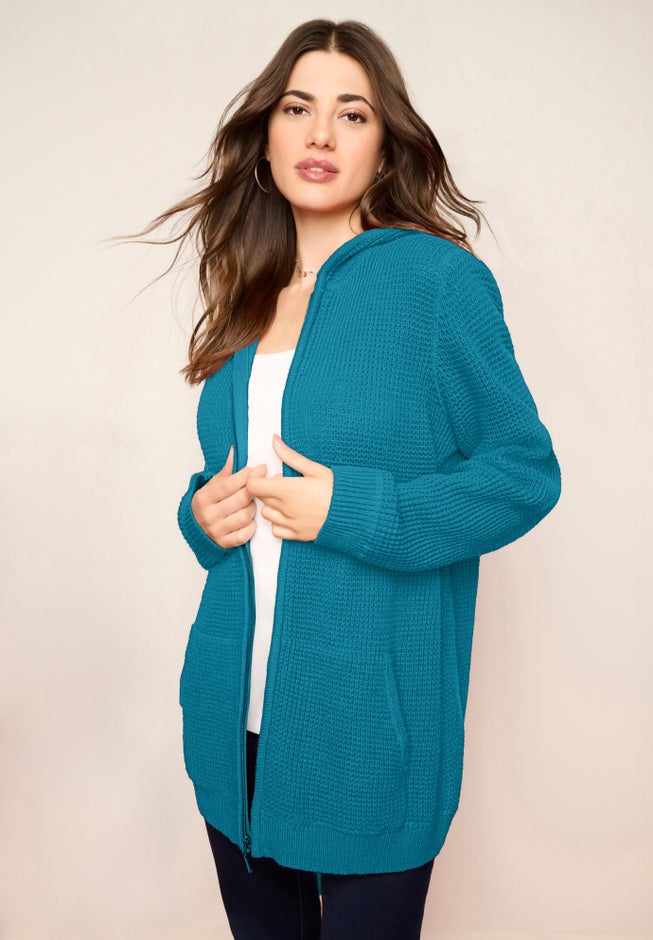 Plus Size Waffle Knit Zip-Front Relaxed Hoodie image number 1