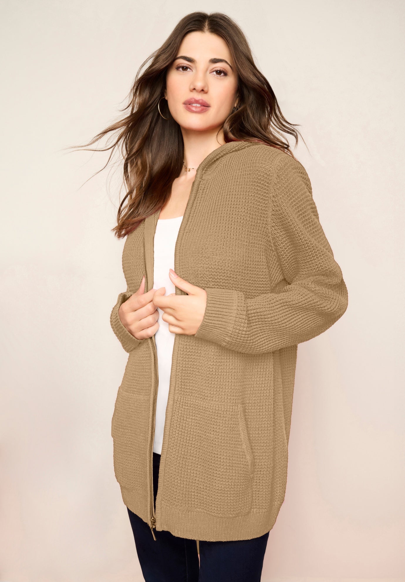 Plus Size Waffle Knit Zip-Front Relaxed Hoodie image number 1