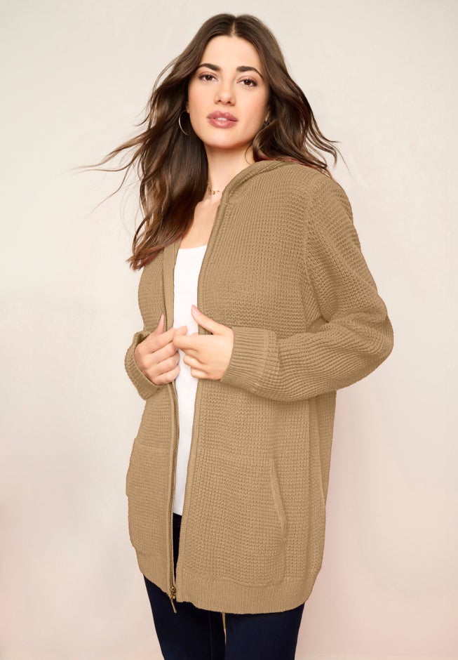 Plus Size Waffle Knit Zip-Front Relaxed Hoodie image number 1