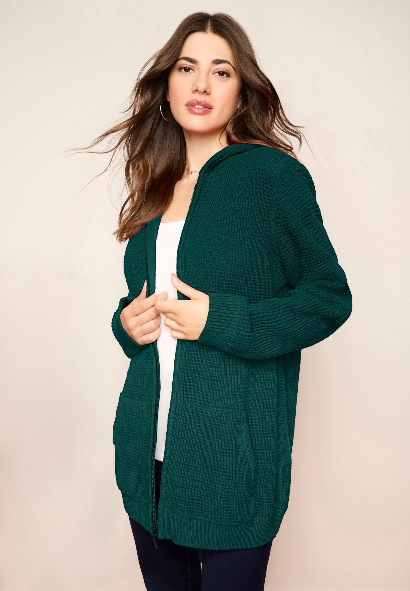 Plus Size Waffle Knit Zip-Front Relaxed Hoodie image number 1