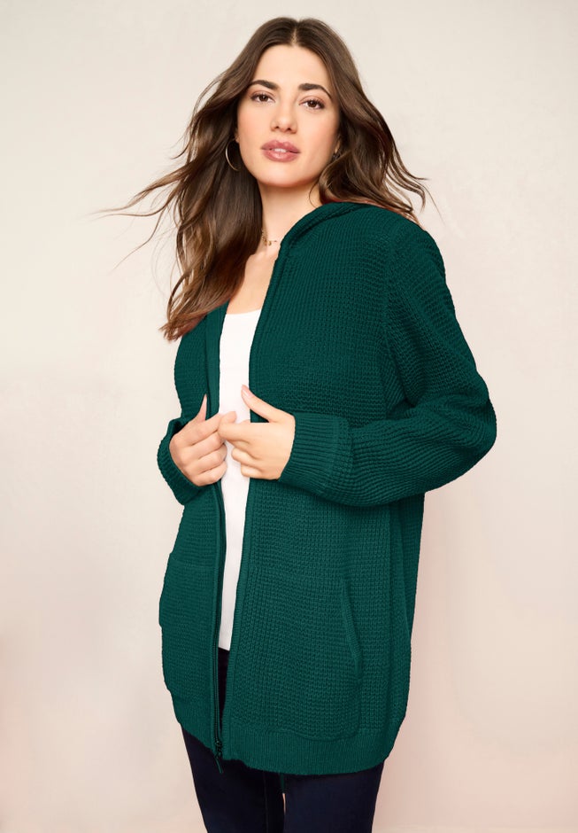 Plus Size Waffle Knit Zip-Front Relaxed Hoodie image number 1