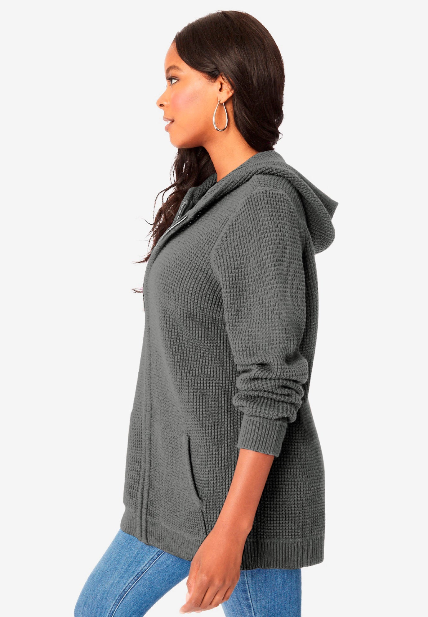 Plus Size Waffle Knit Zip Hoodie image number 2