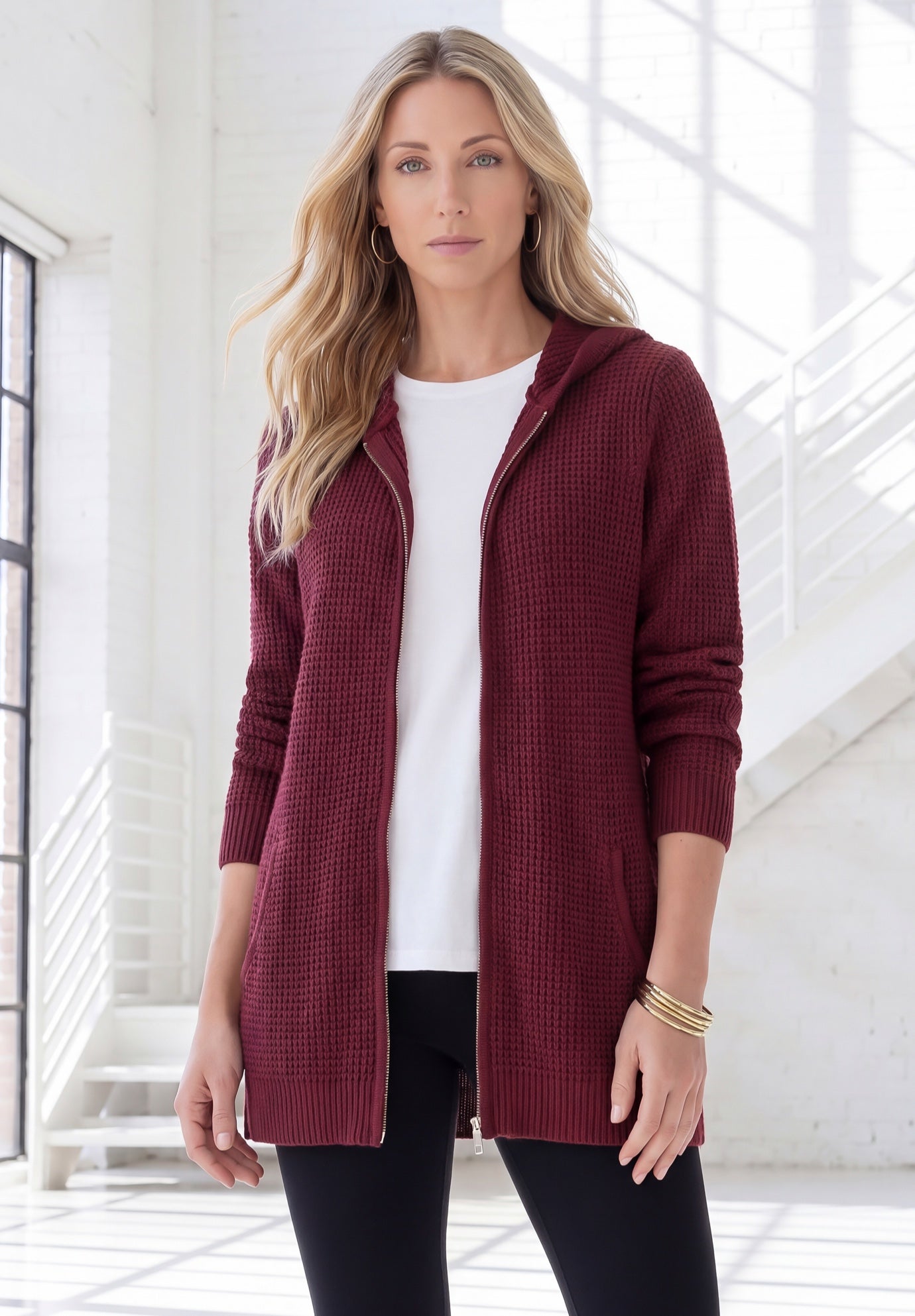 Plus Size Waffle Knit Zip-Front Relaxed Hoodie image number 0