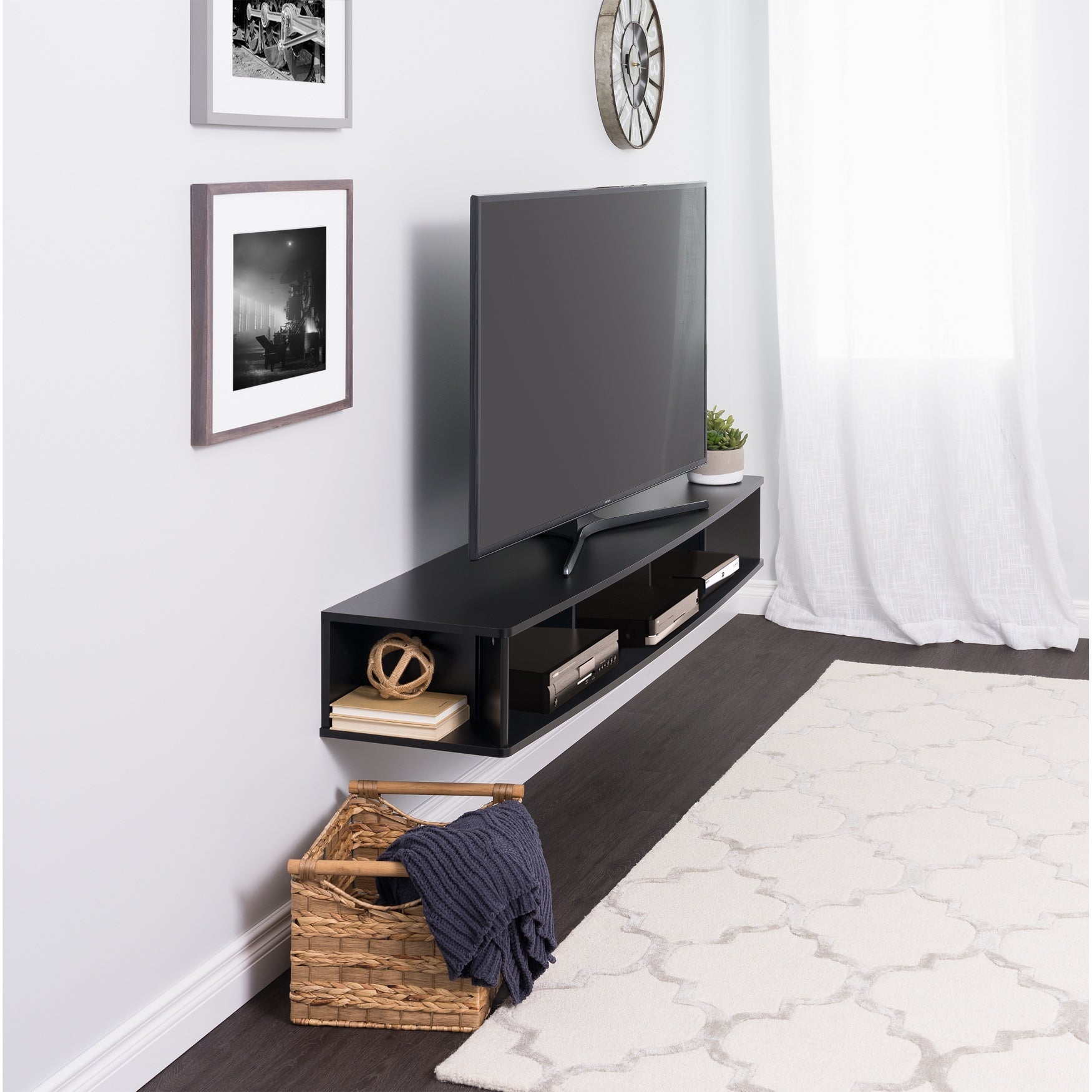 70" Wide Wall Mounted TV Stand, Black Roaman's
