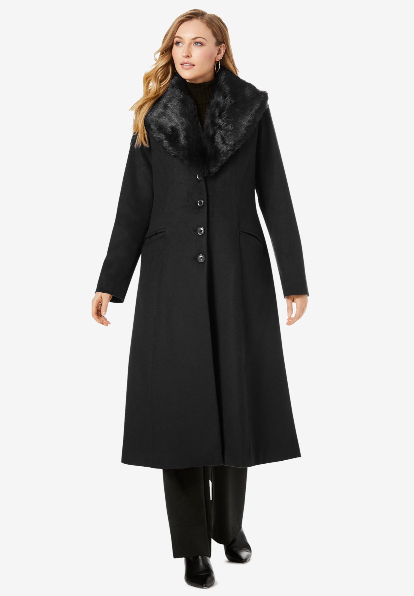 Long WoolBlend Coat with Faux Fur Collar Plus Size Wool & Fleece Roaman's