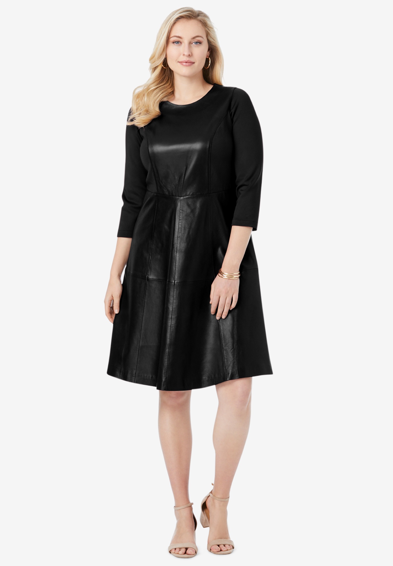 Leather and Ponte Knit Fit & Flare Dress | Roaman's