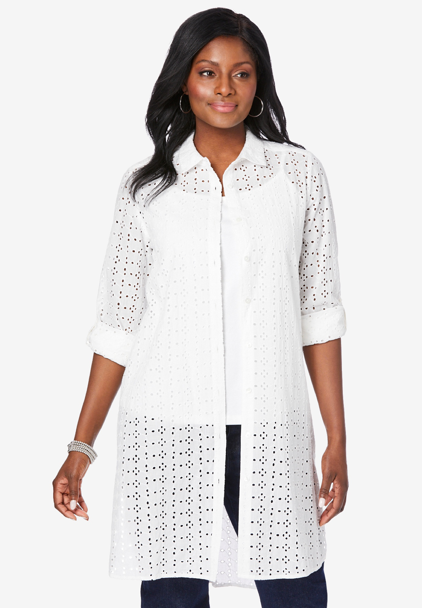 Ellos Women's Plus Size Scalloped Hem Eyelet Blouse Shirt - 10, White at   Women's Clothing store