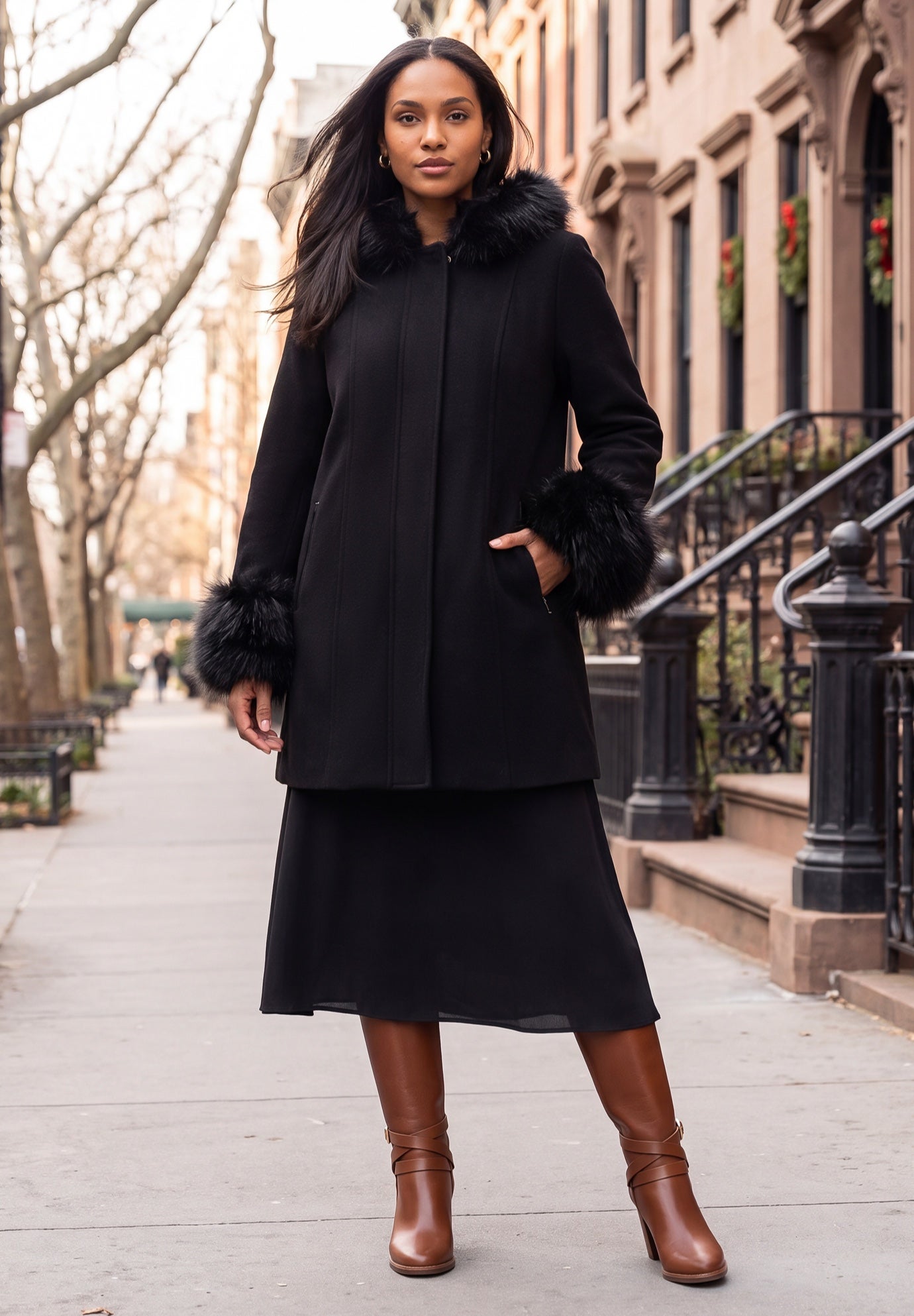 Fashionable Hooded Faux Fur Trim Coat, Black | Roaman's