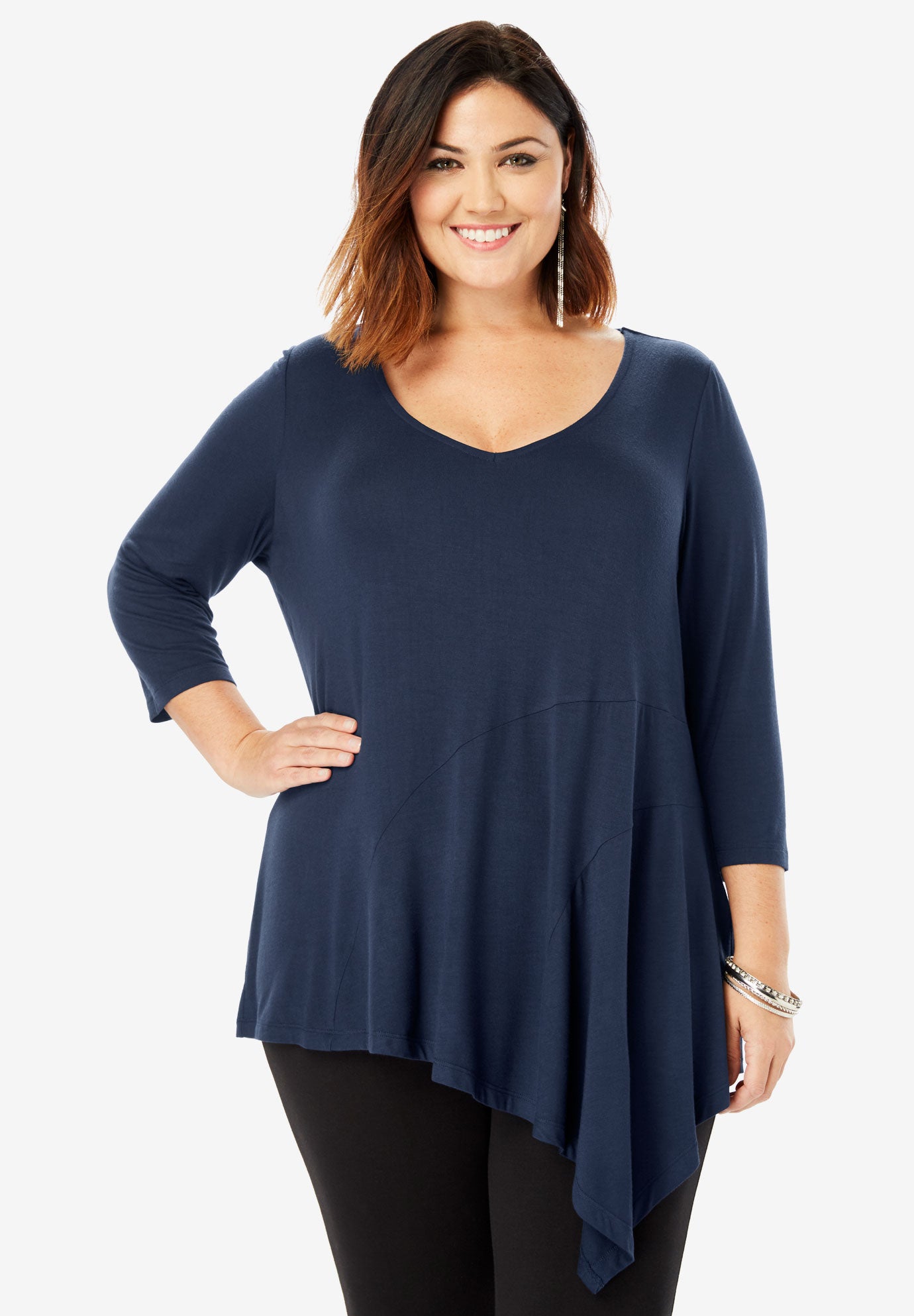 Asymmetric Drape Maxi Tunic With V Neck Plus Size Tees Knit