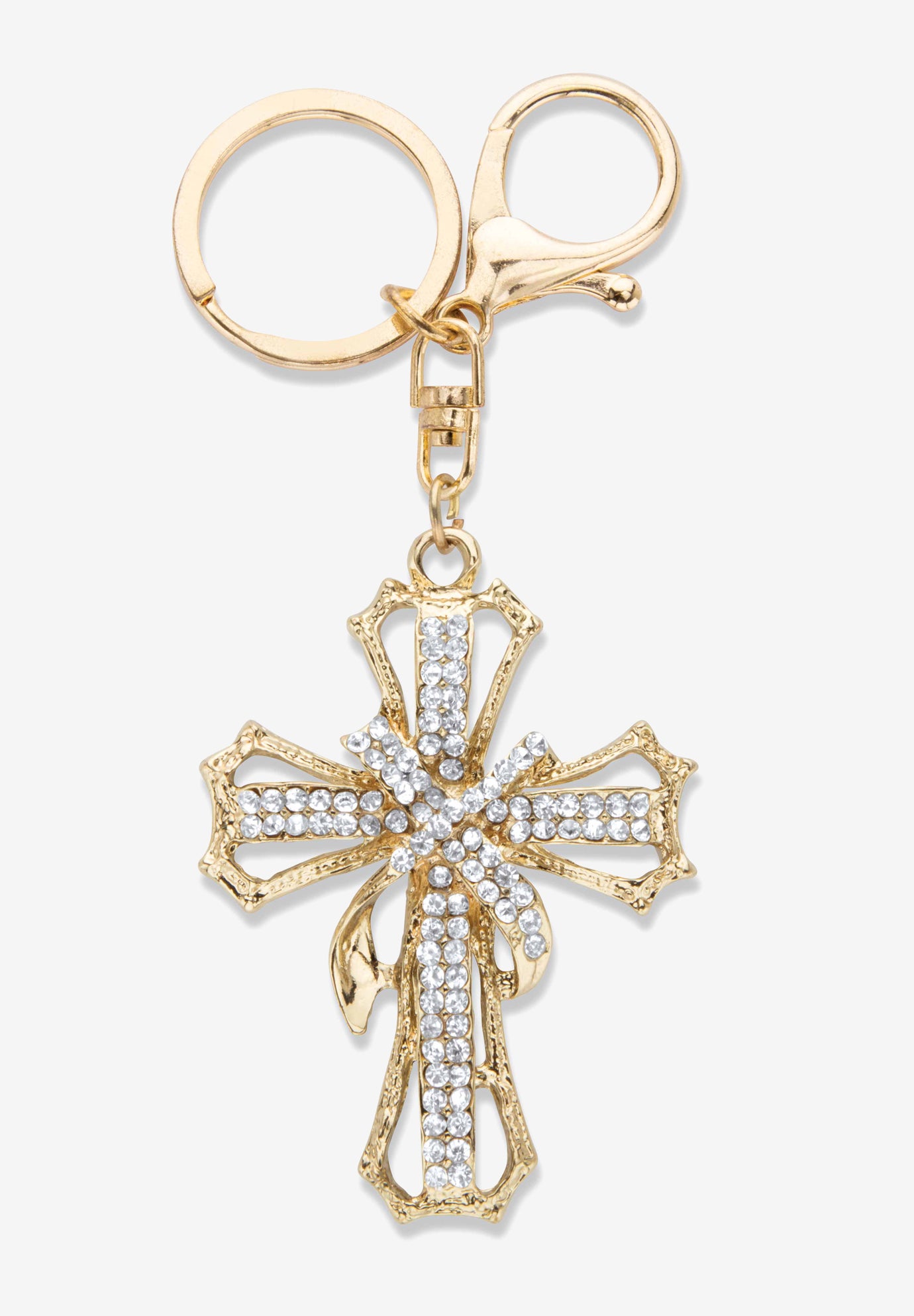 Fashionable Goldtone Round Crystal Shrouded Cross Key Ring, Crystal