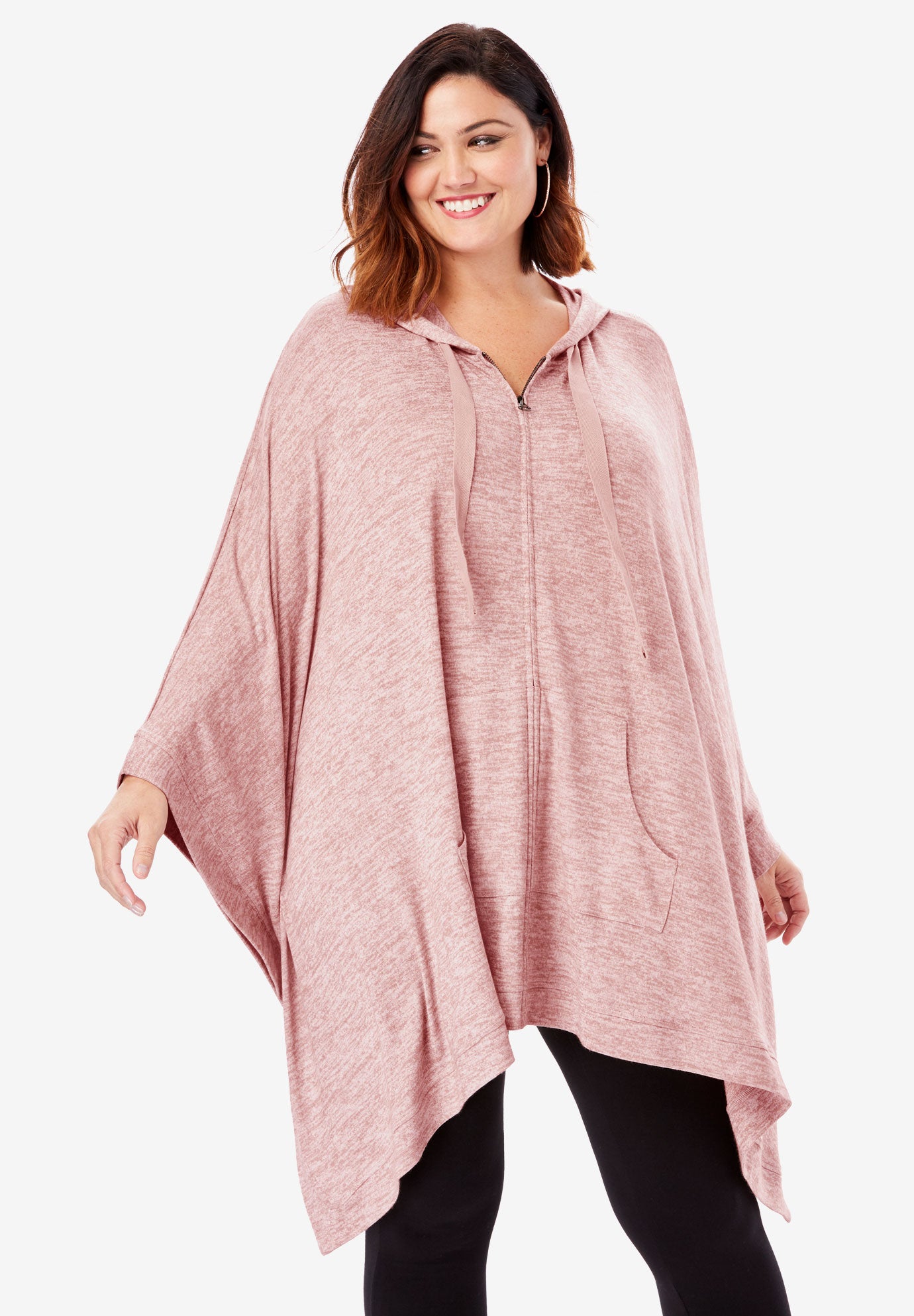 Roamans Womens Plus Size Supersoft Hoodie Poncho with Zip Front
