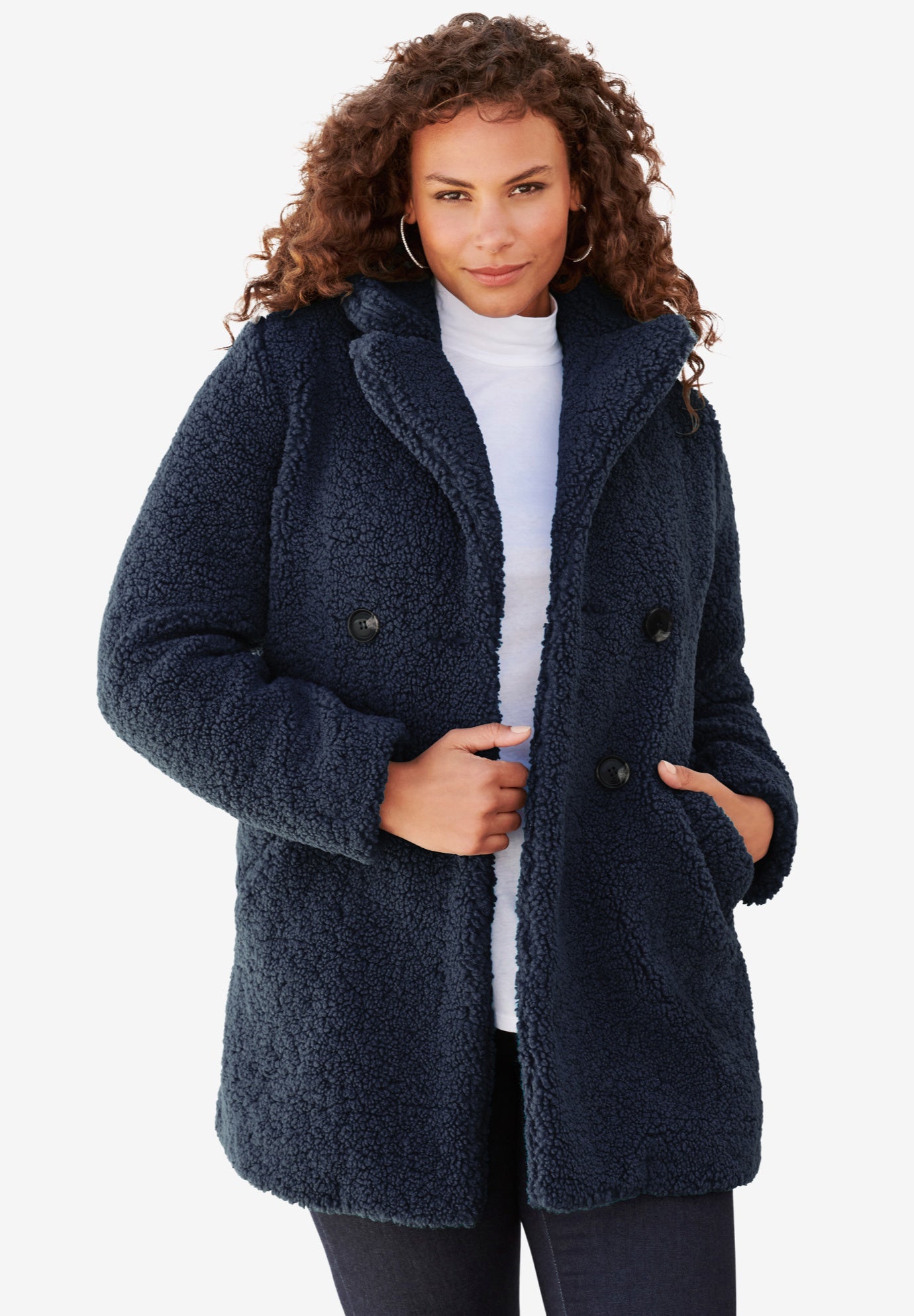 Button Teddy Bear Coat Plus Size Wool & Fleece Roaman's