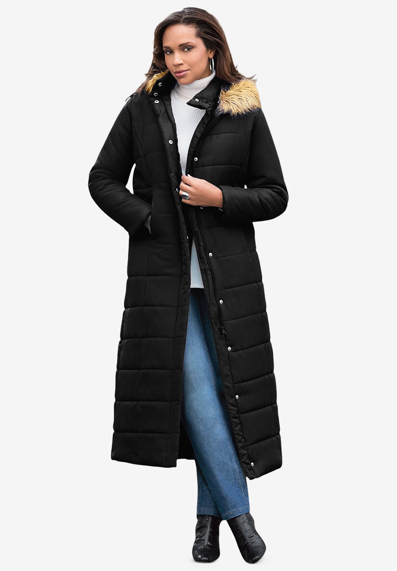Maxi-Length Puffer Jacket with Hood, 