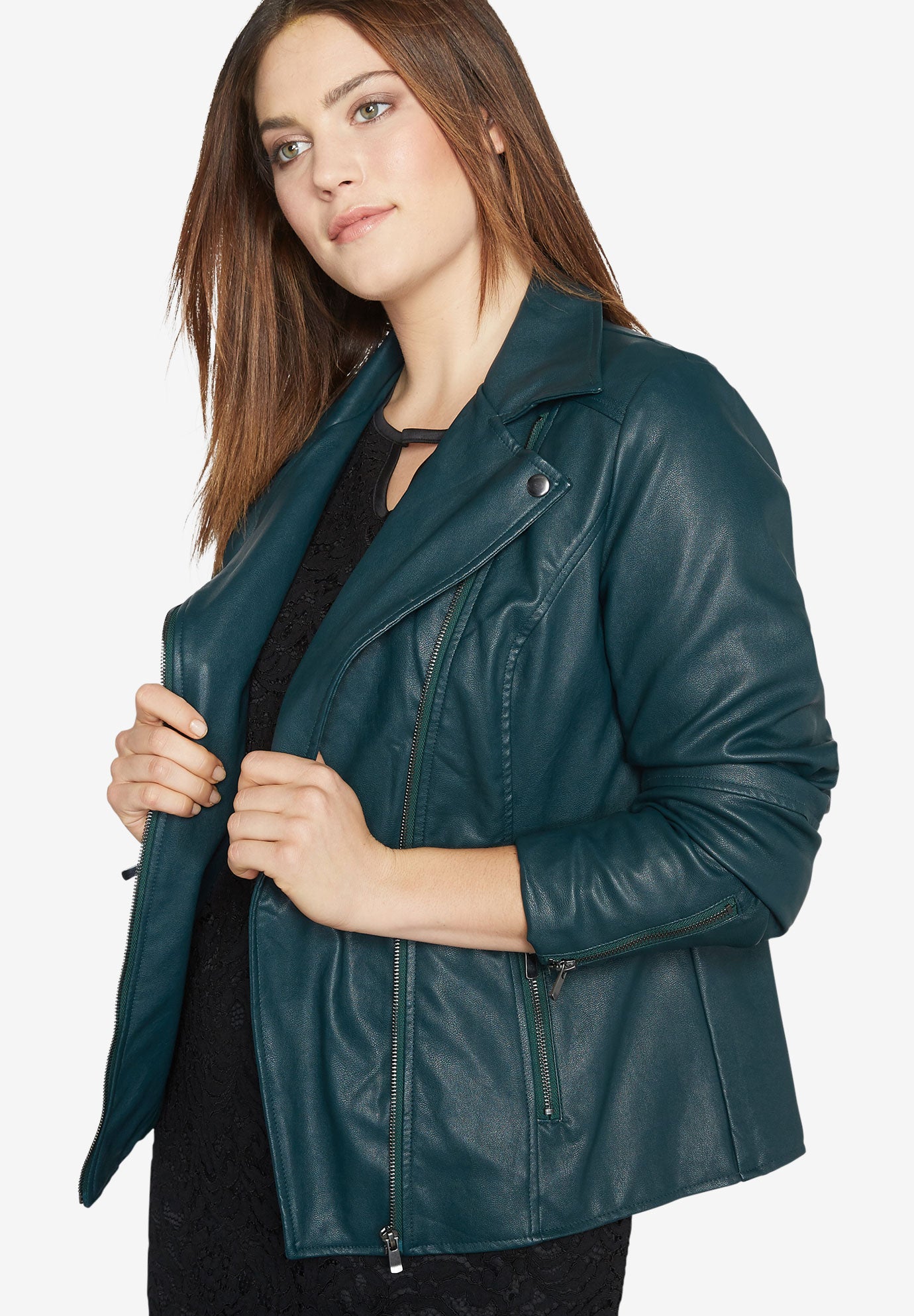 Roamans Womens Plus Size Leather Motorcycle Jacket