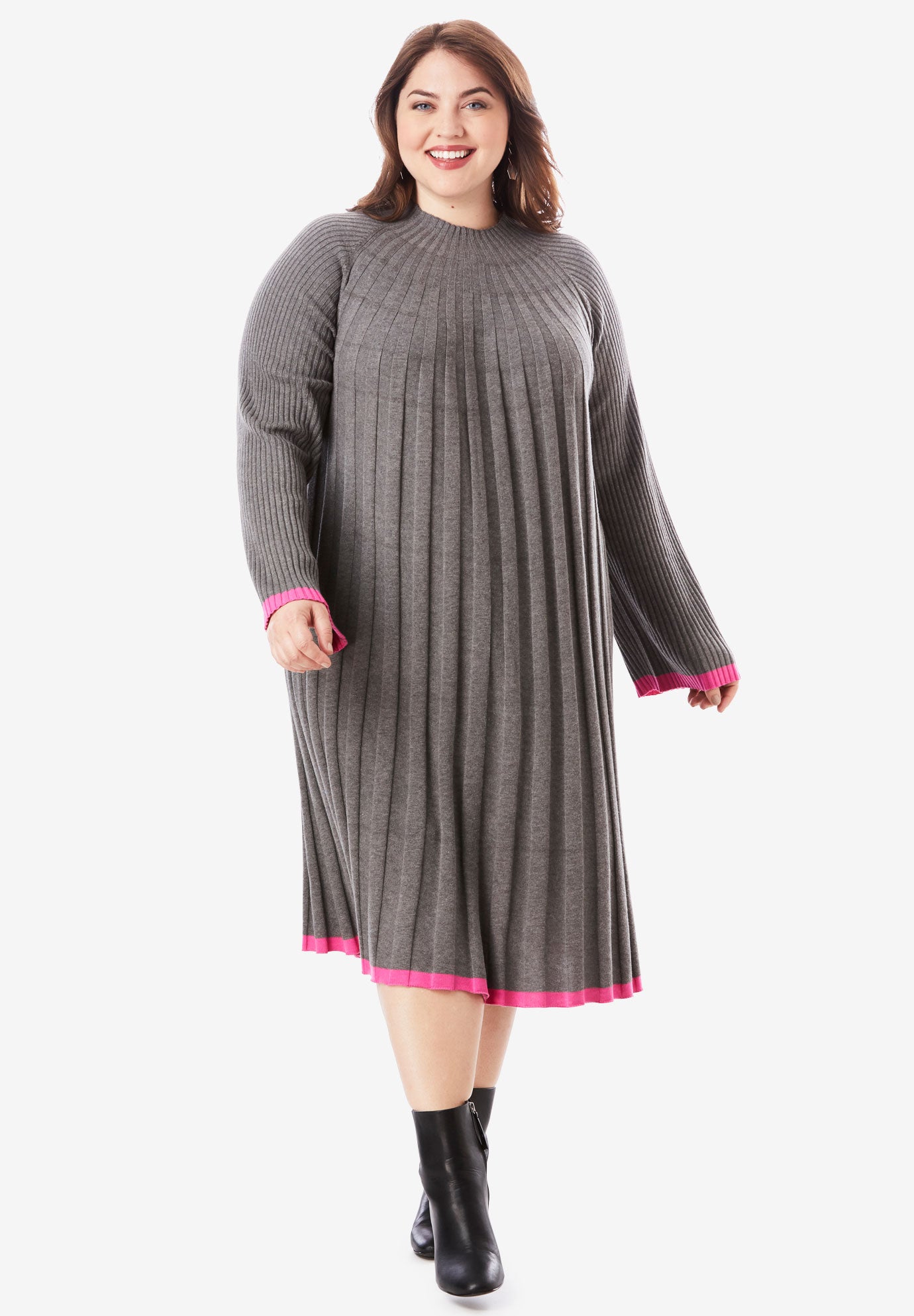 Swing Sweater Dress with Contrast Trim Plus Size Dresses Roaman's