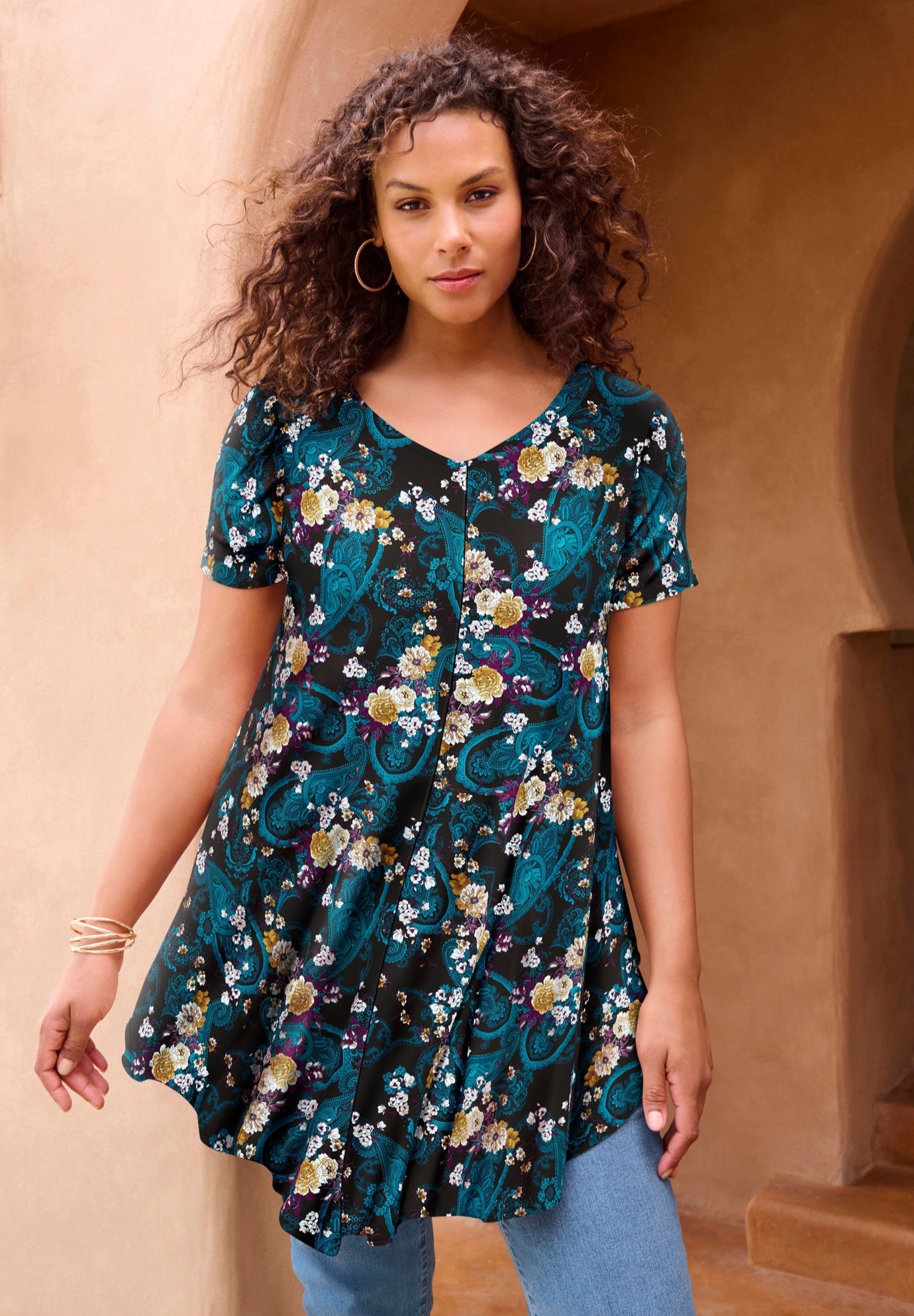 Fashionable Swing Ultra Femme Tunic, Lagoon Flower Paisley | Roaman's