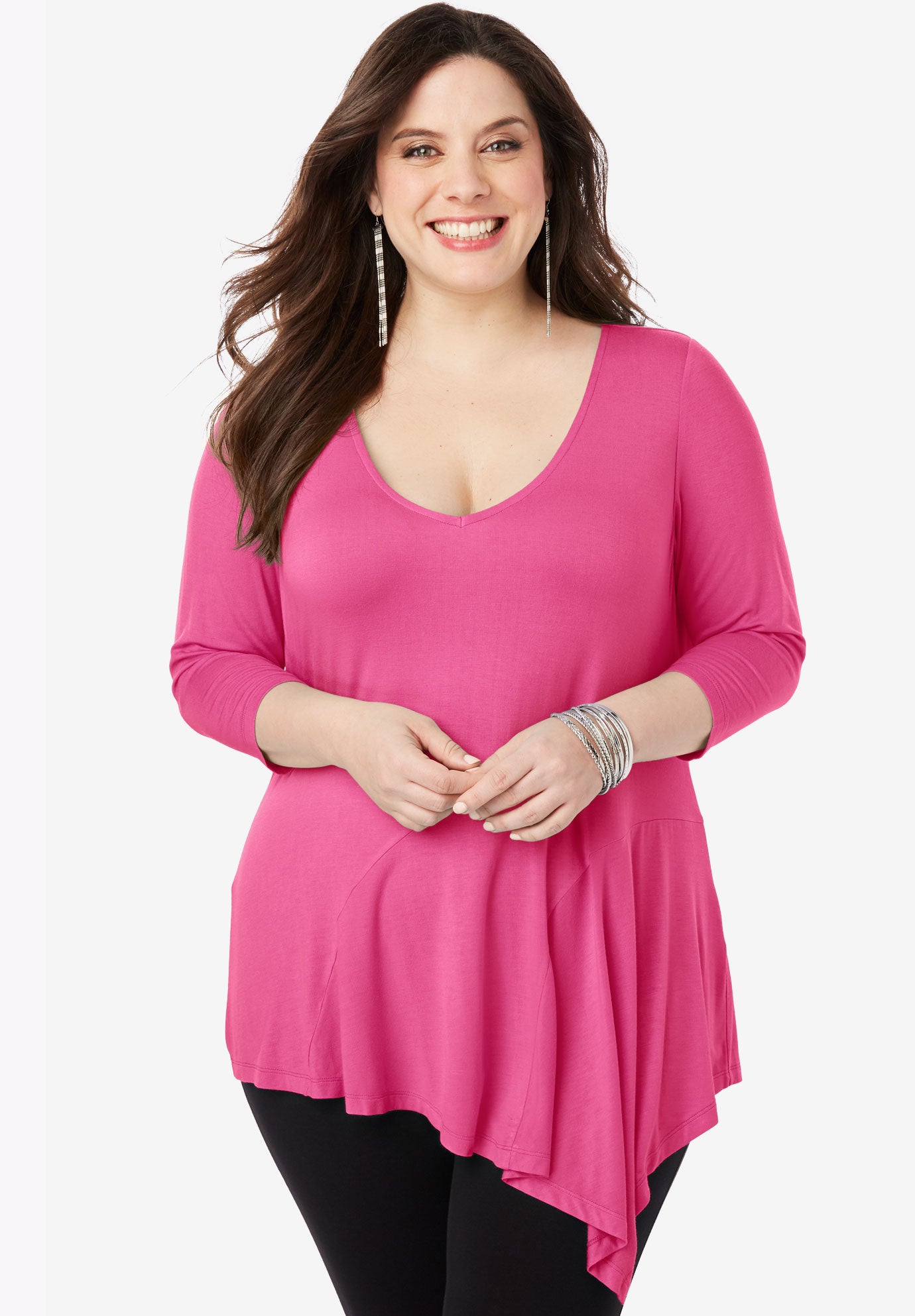 Asymmetric Drape Maxi Tunic With V Neck Plus Size Tees Knit