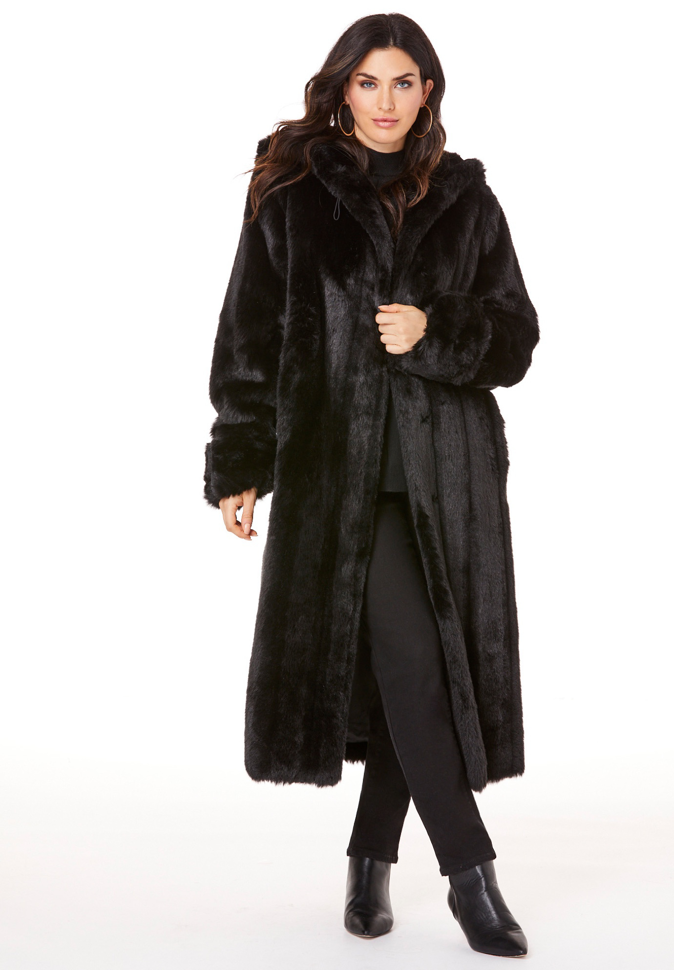 Full Length Faux-Fur Coat with Hood | Roaman's
