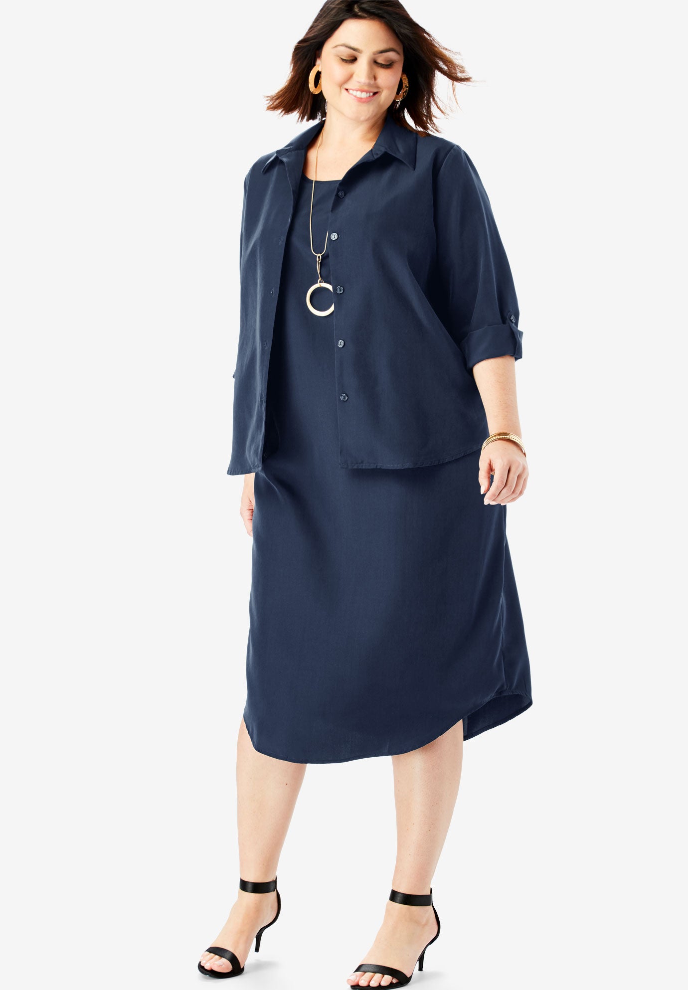 ThreeQuarter Sleeve Jacket Dress Set with Button Front Roaman's