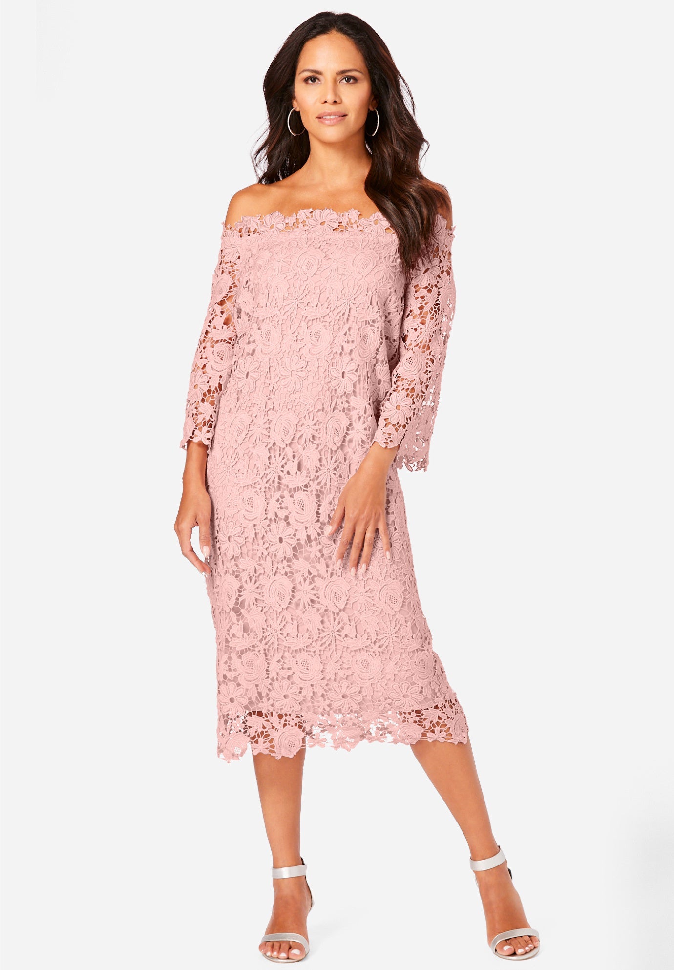 Off Shoulder Lace Dress-Brown