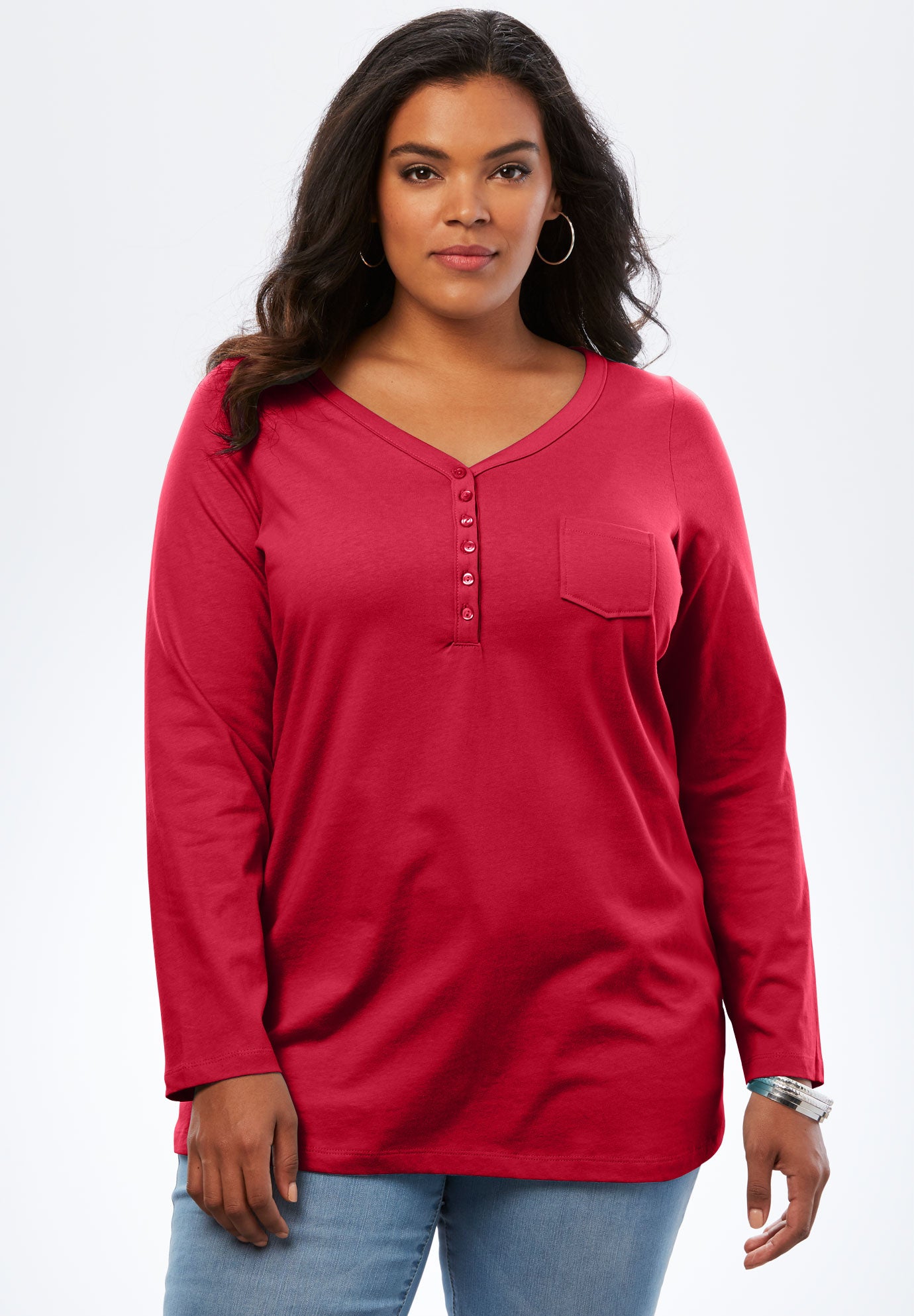 LongSleeve Henley Ultimate Tee with Sweetheart Neck Plus Size Tees