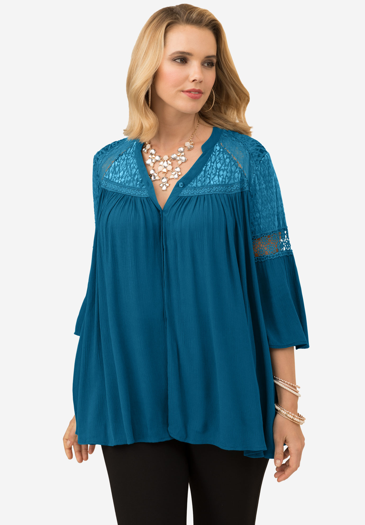 Crinkle Top With Velvet & Lace| Plus Size Tops | Roaman's