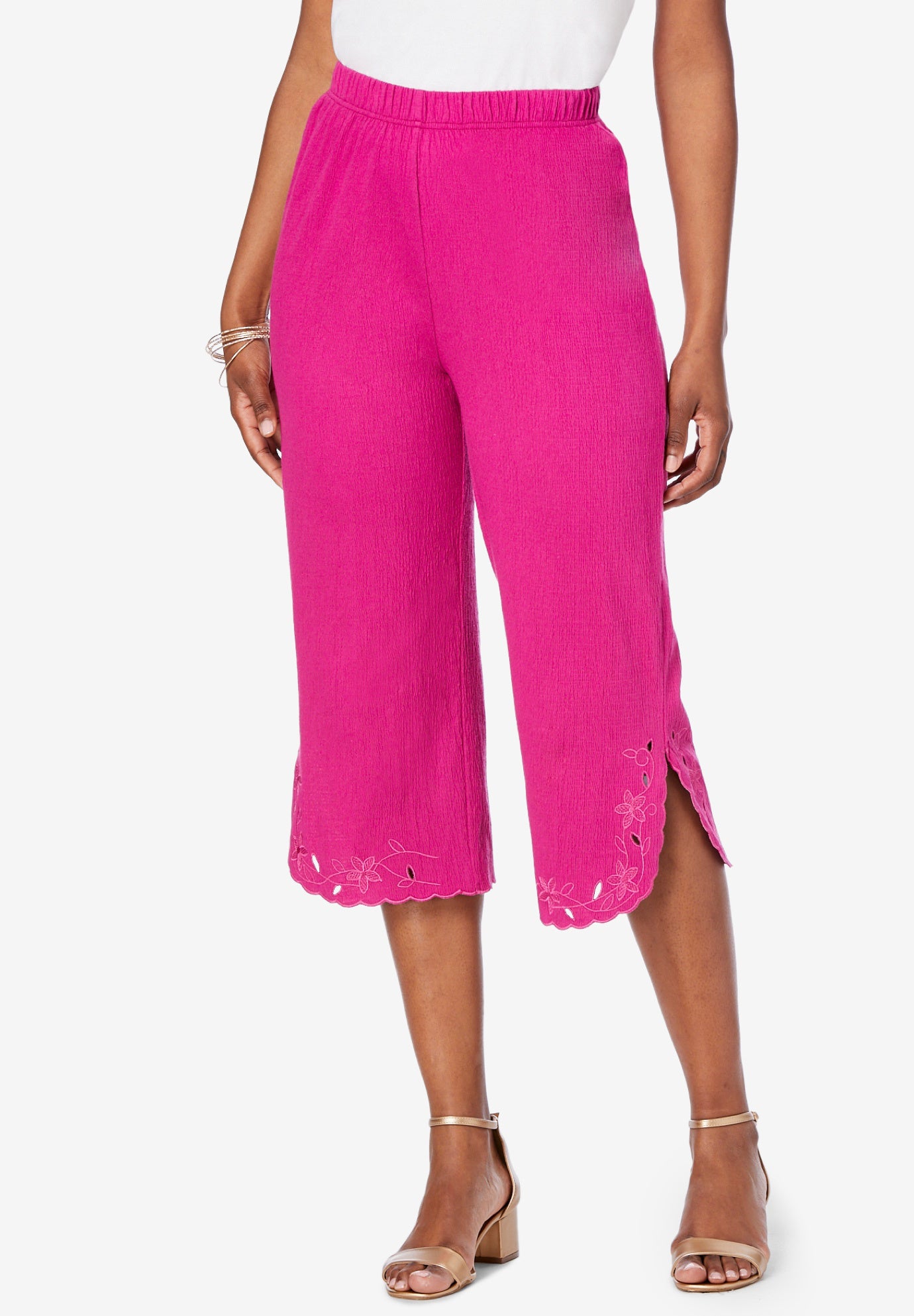 Fashionable Crinkle-Knit Gauze Eyelet Capri, 4411447 | Roaman's