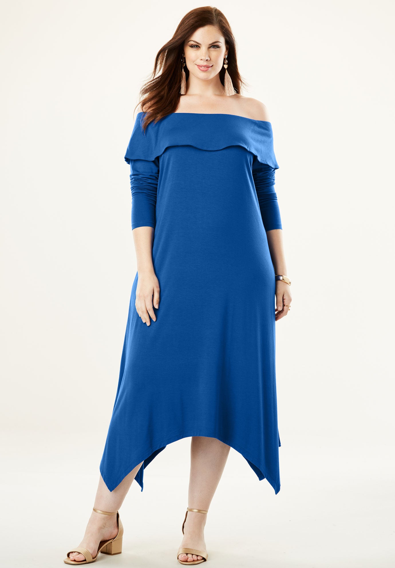 OffTheShoulder Dress with Handkerchief Hem Plus Size Dresses Roaman's