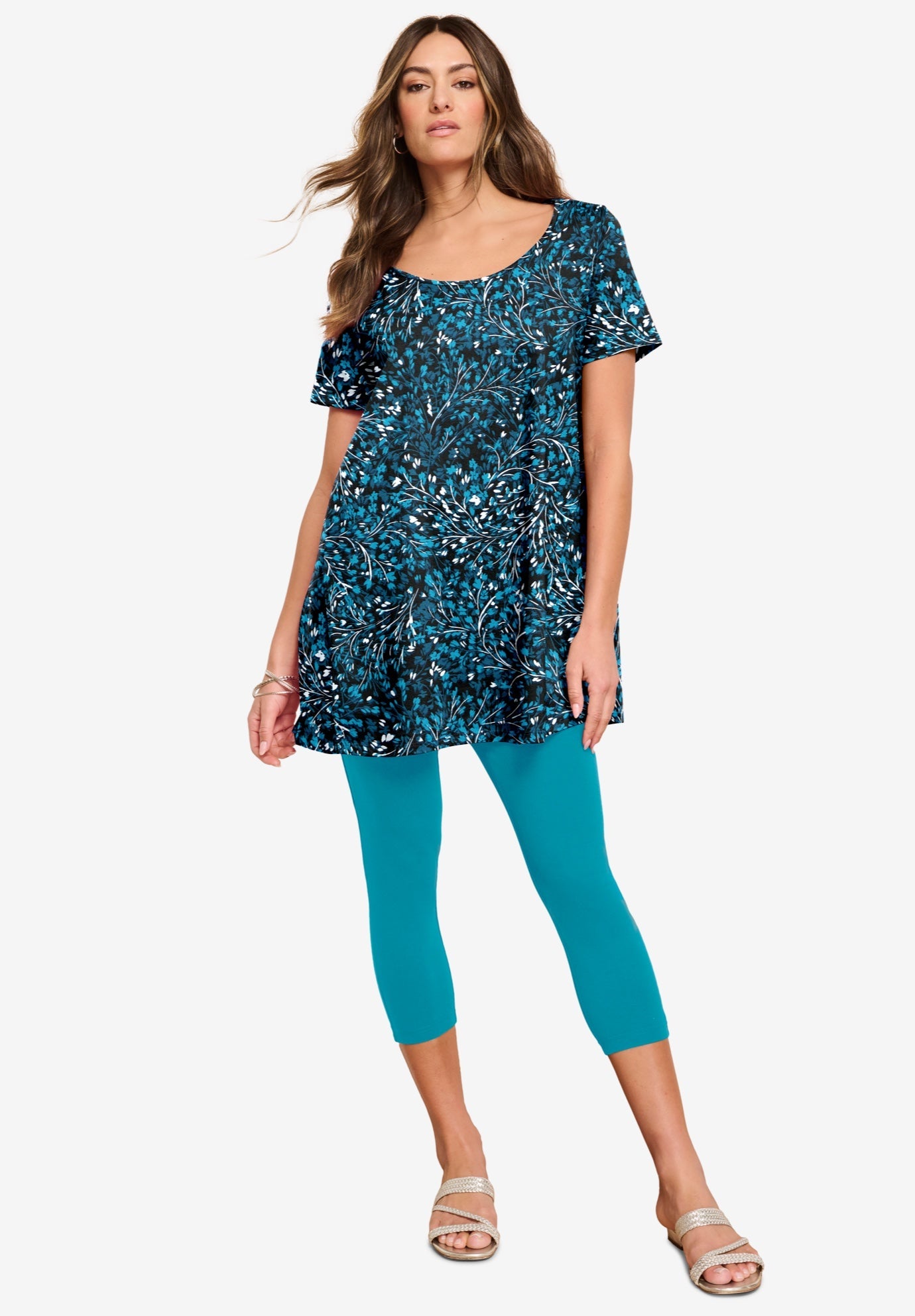 Fashionable Scoopneck Swing Ultimate Tunic, Teal Swirly Leaves