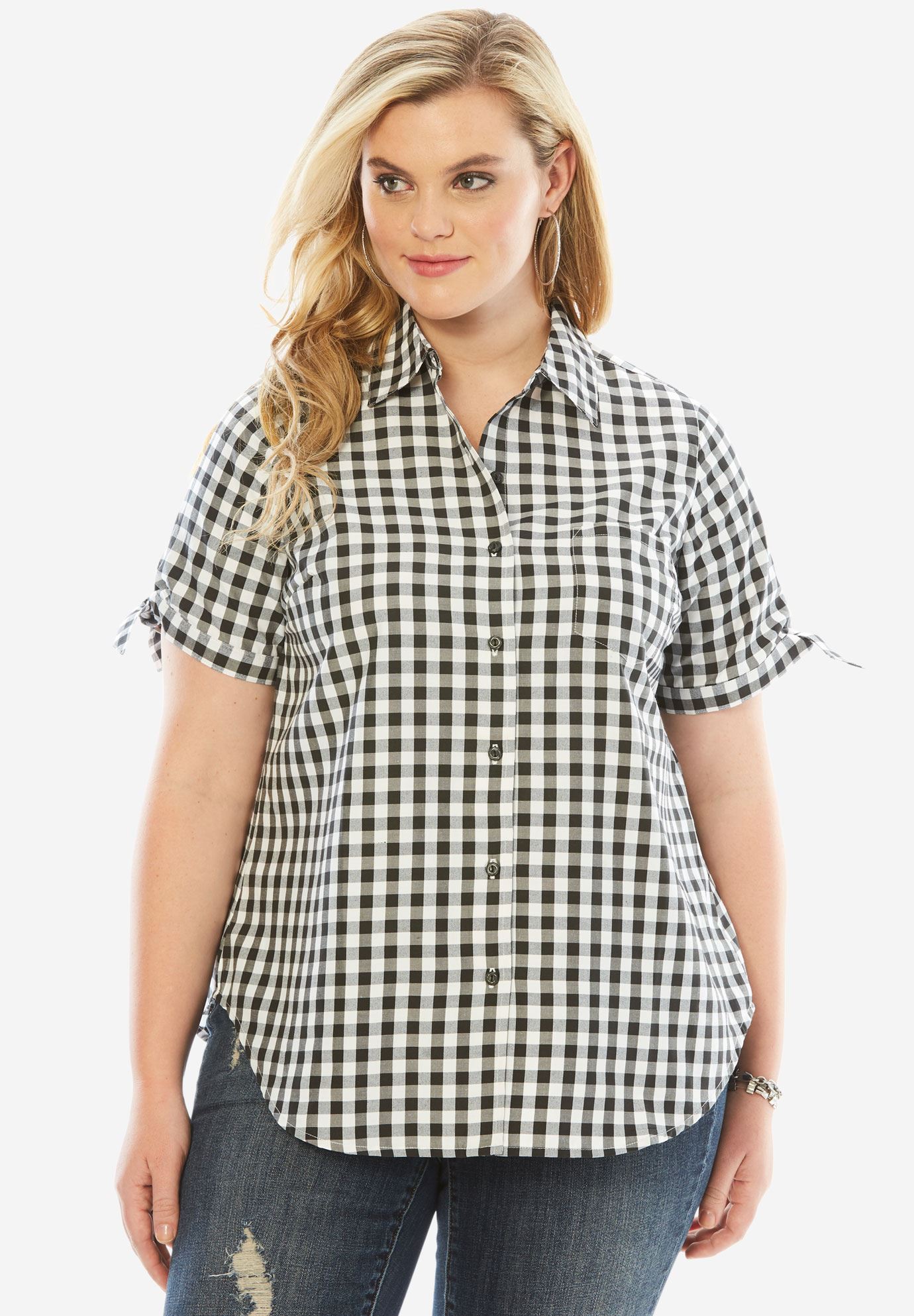 Gingham Shirt with Sleeve Ties| Plus Size Summer Tops | Roaman's