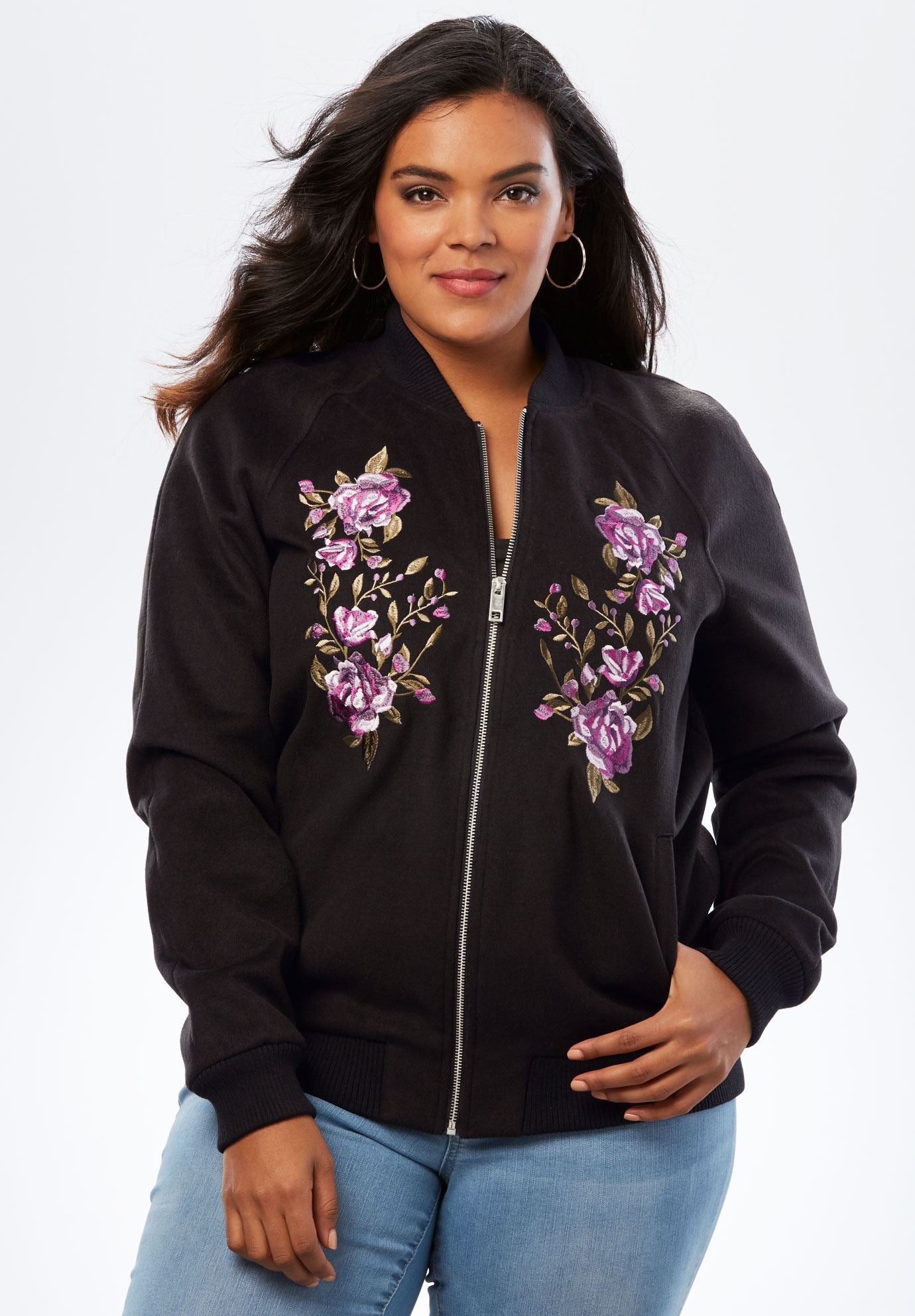 Embroidered Bomber Jacket Plus Size Outerwear Roaman's