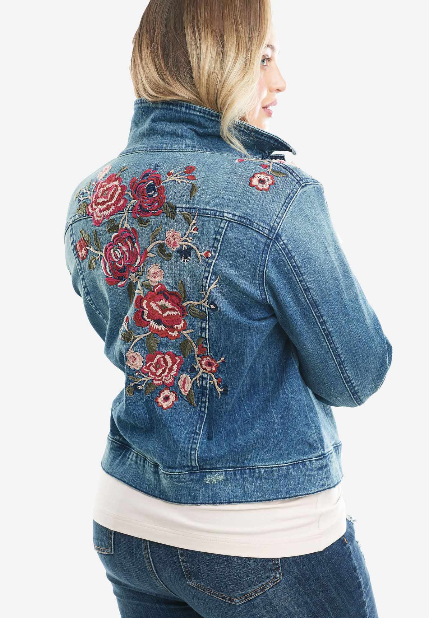Denim 24/7® Embroidered Jean Jacket| Plus Size Jackets | Roaman's