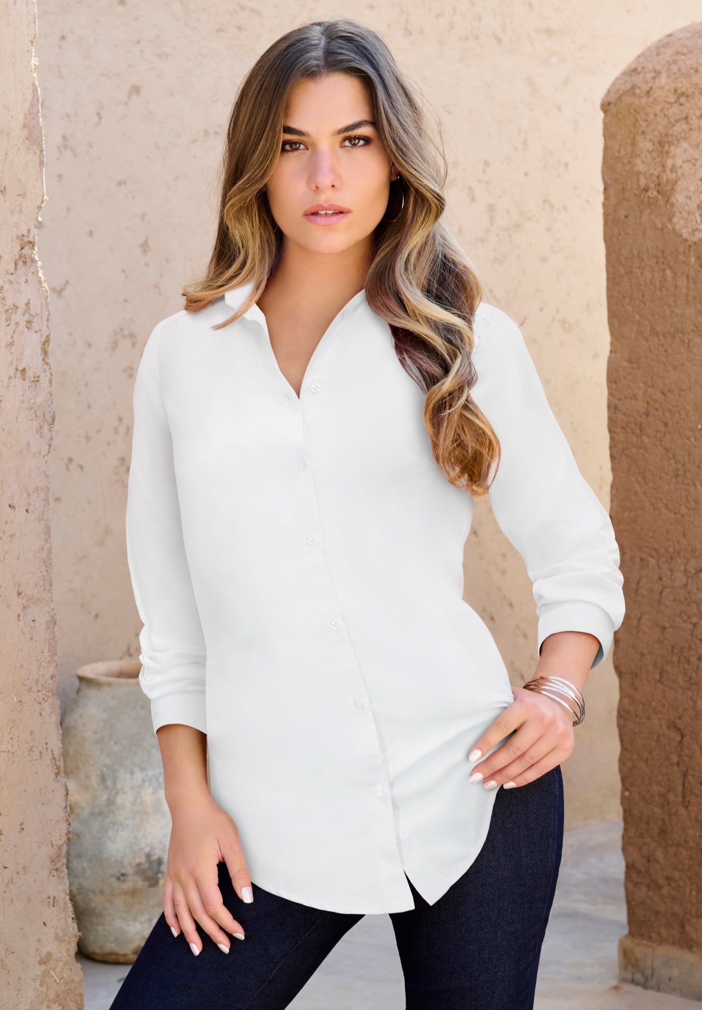 Fashionable Long-Sleeve Kate Big Shirt, White | Roaman's
