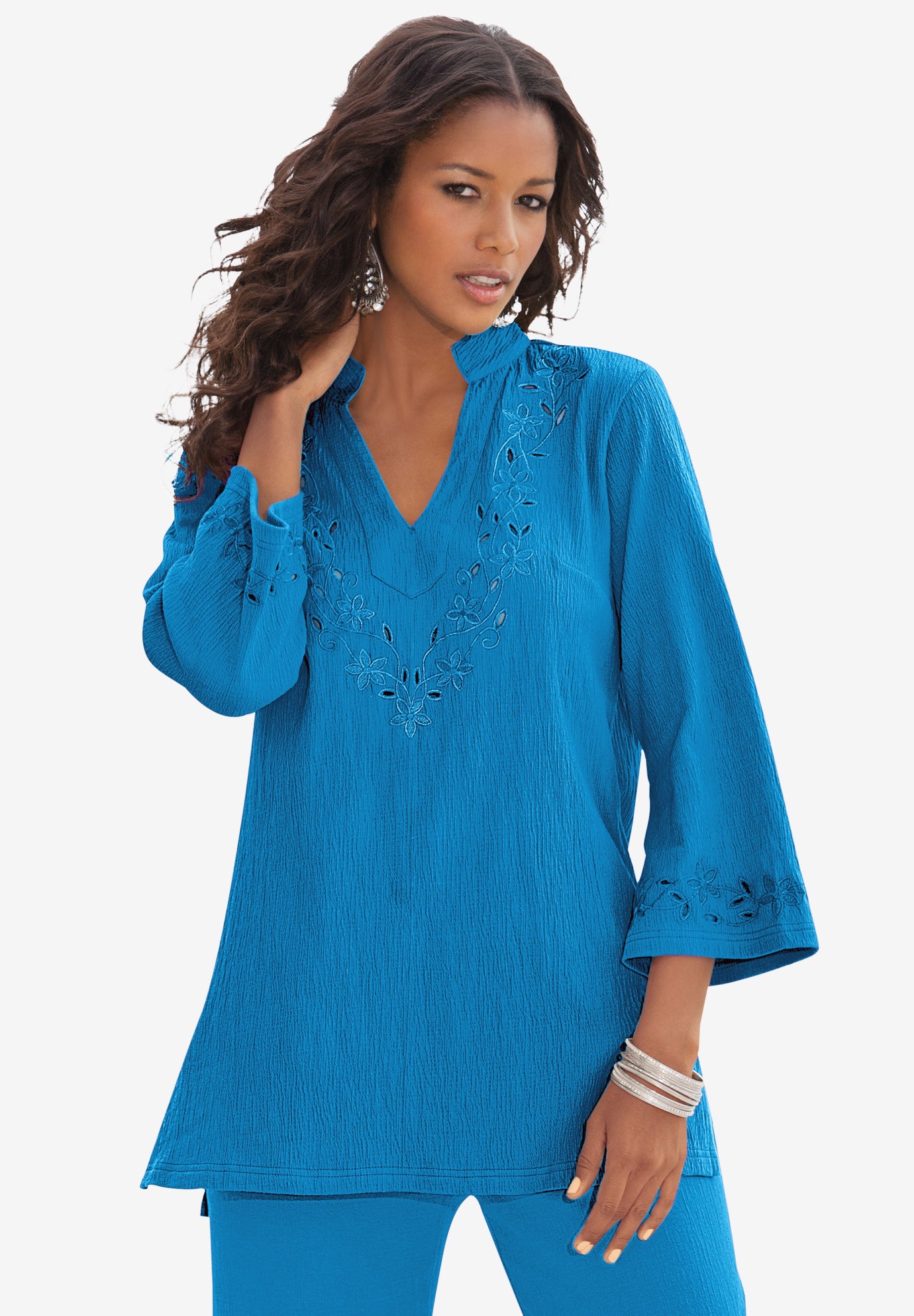 Eyelet Cutout CrinkleKnit Gauze Tunic Roaman's