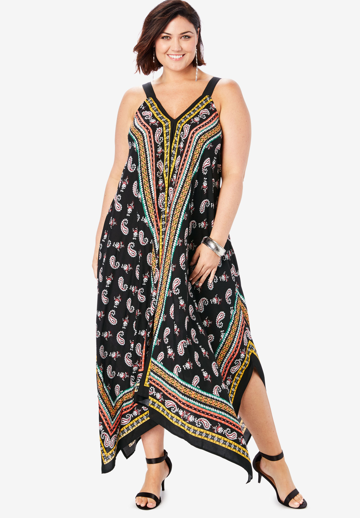 Scarf-Print Maxi Dress with Handkerchief Hem| Plus Size Dresses | Roaman's