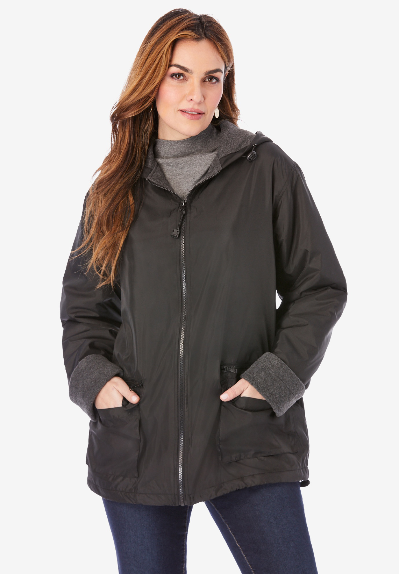 Hooded Nylon Jacket with Fleece Lining| Plus Size Jackets | Roaman's