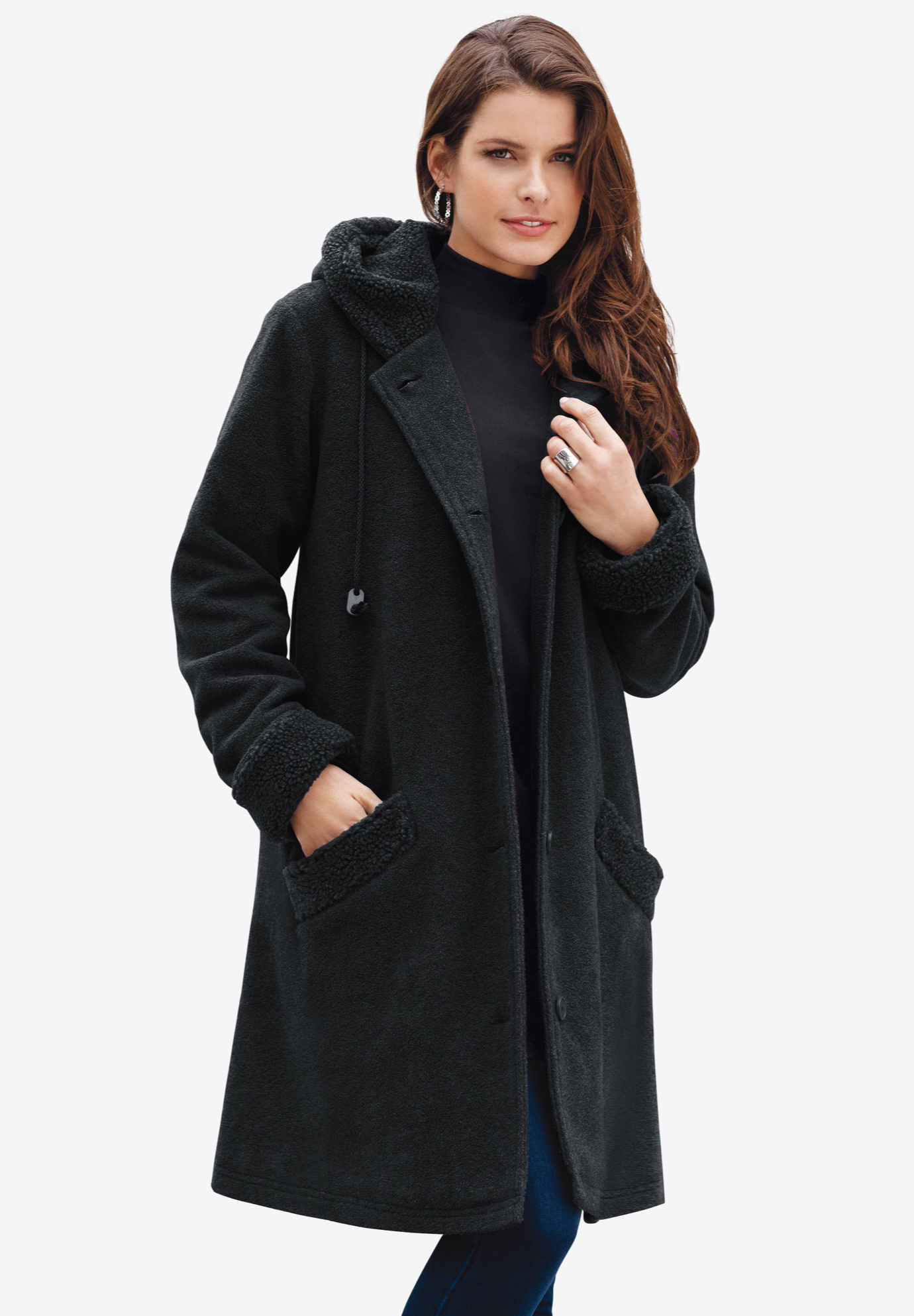 Hooded Button-Front Sherpa Coat, 
