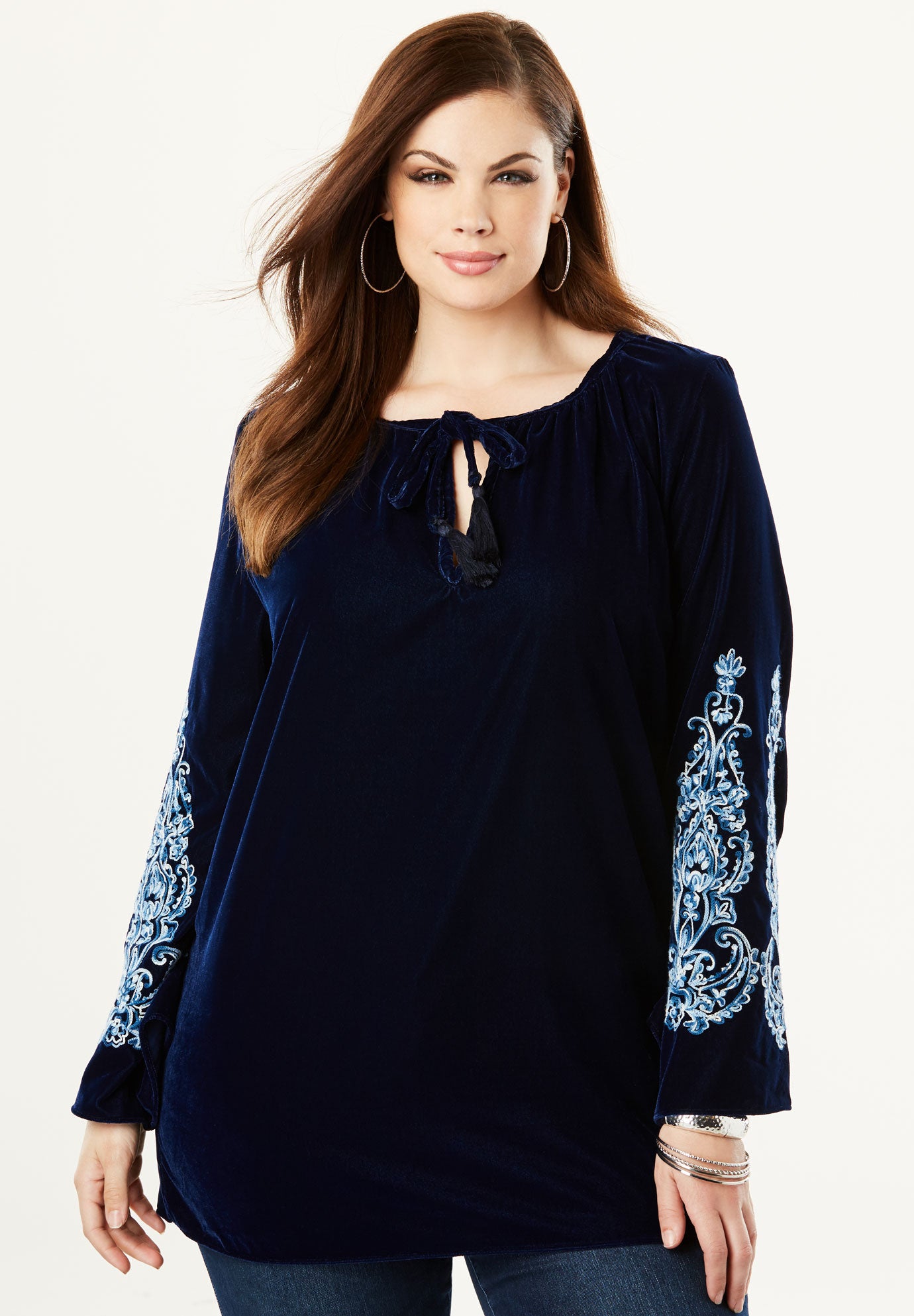 Embroidered Velour Top Plus Size Tops Roaman's