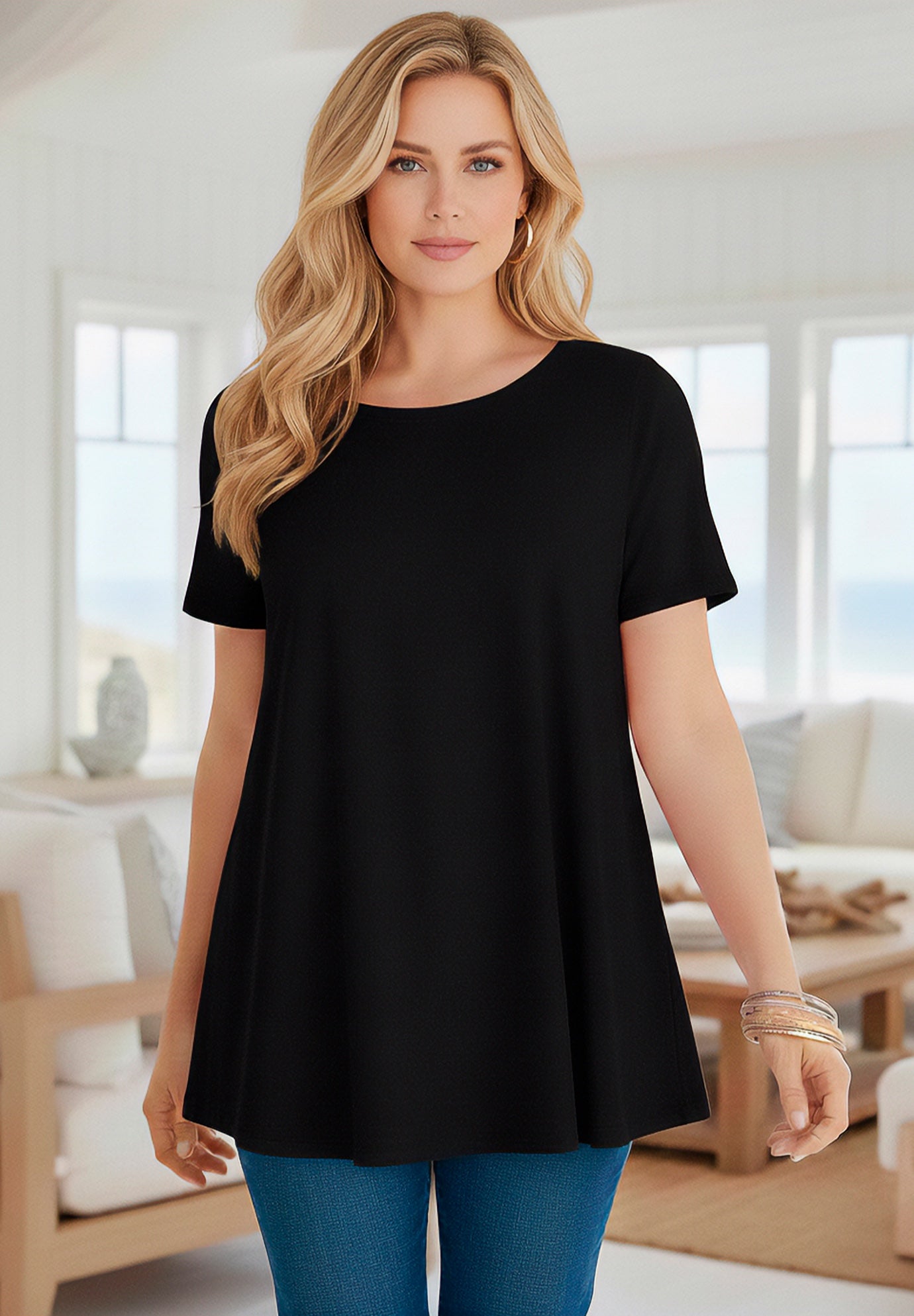 Fashionable Swing Ultimate Tee with Keyhole Back, Black | Roaman's