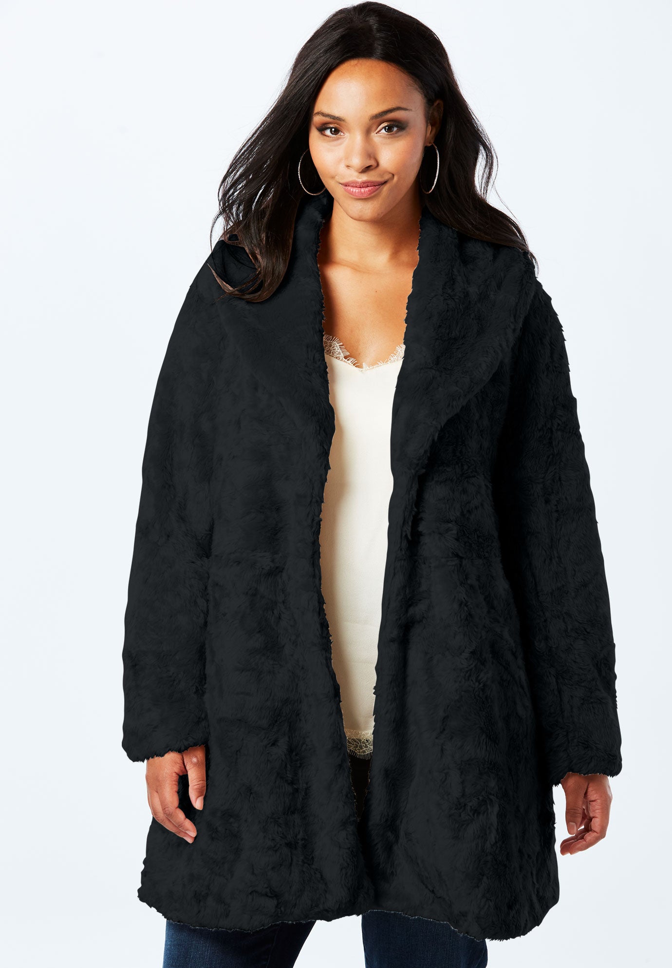 faux fur shawl collar coat plus size outerwear roamans roamans plus size coats