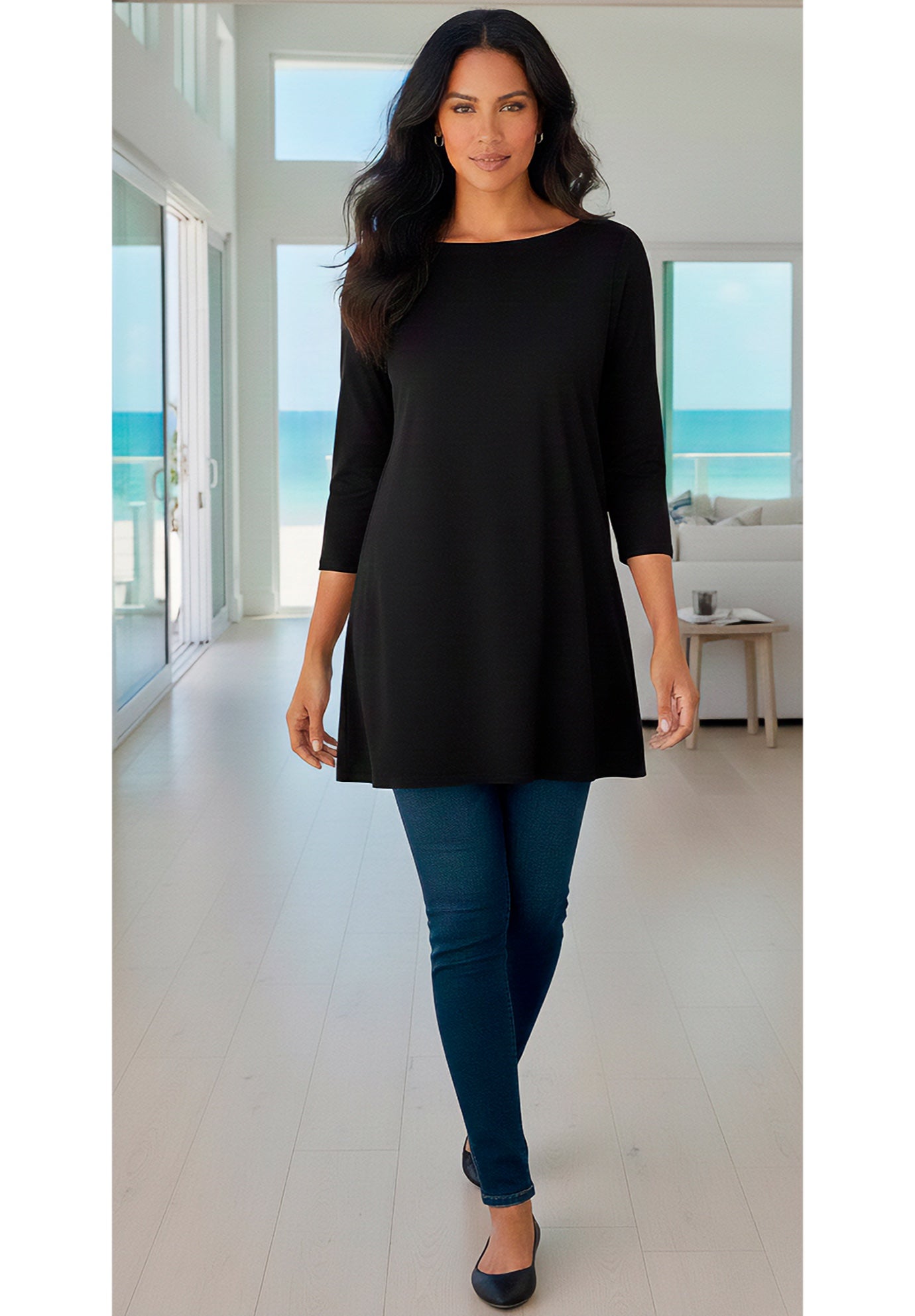 Fashionable Boatneck Ultimate Tunic with Side Slits, Black | Roaman's