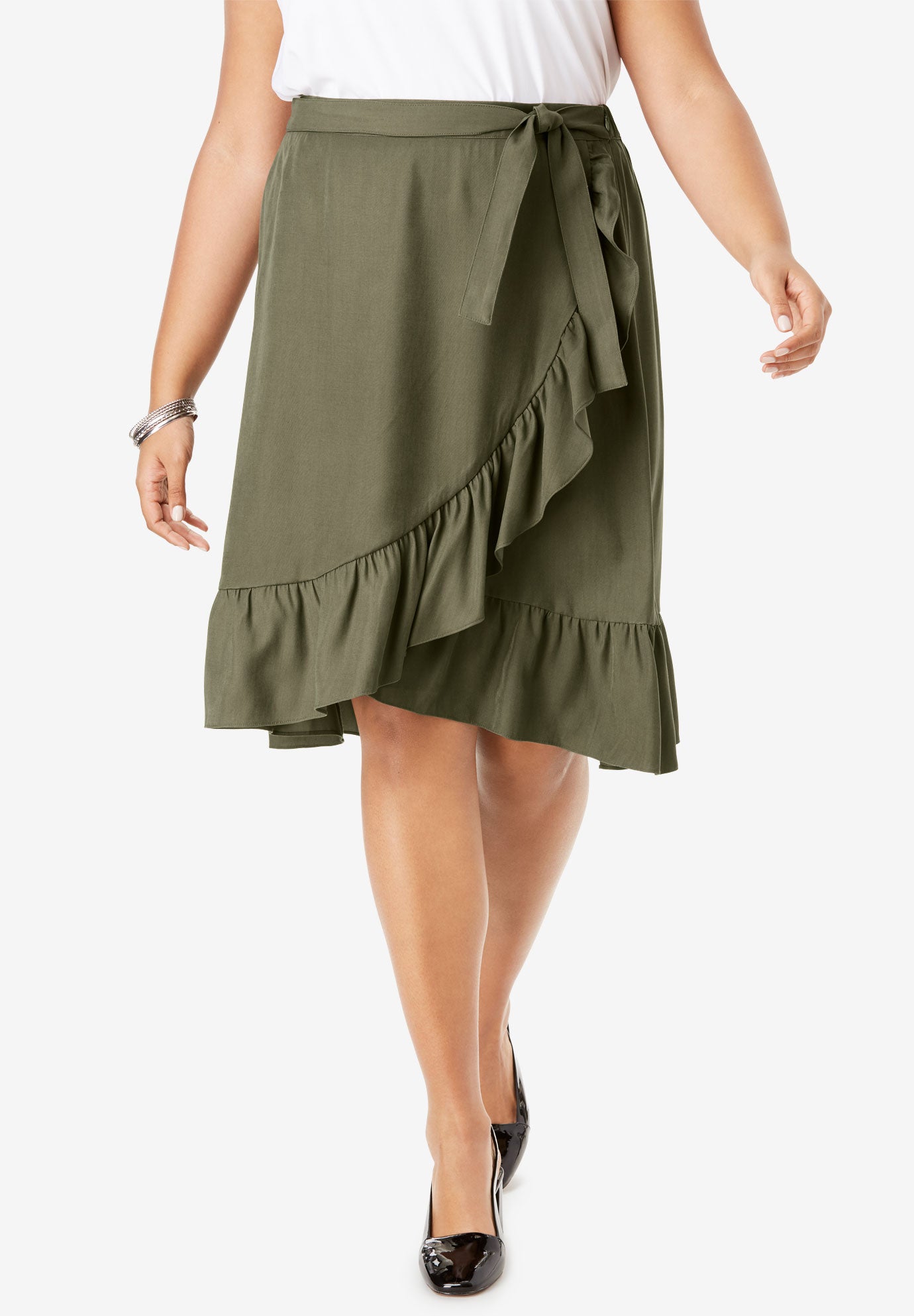Fashionable Faux Wrap Skirt with Ruffle Hem, Dark Olive Green