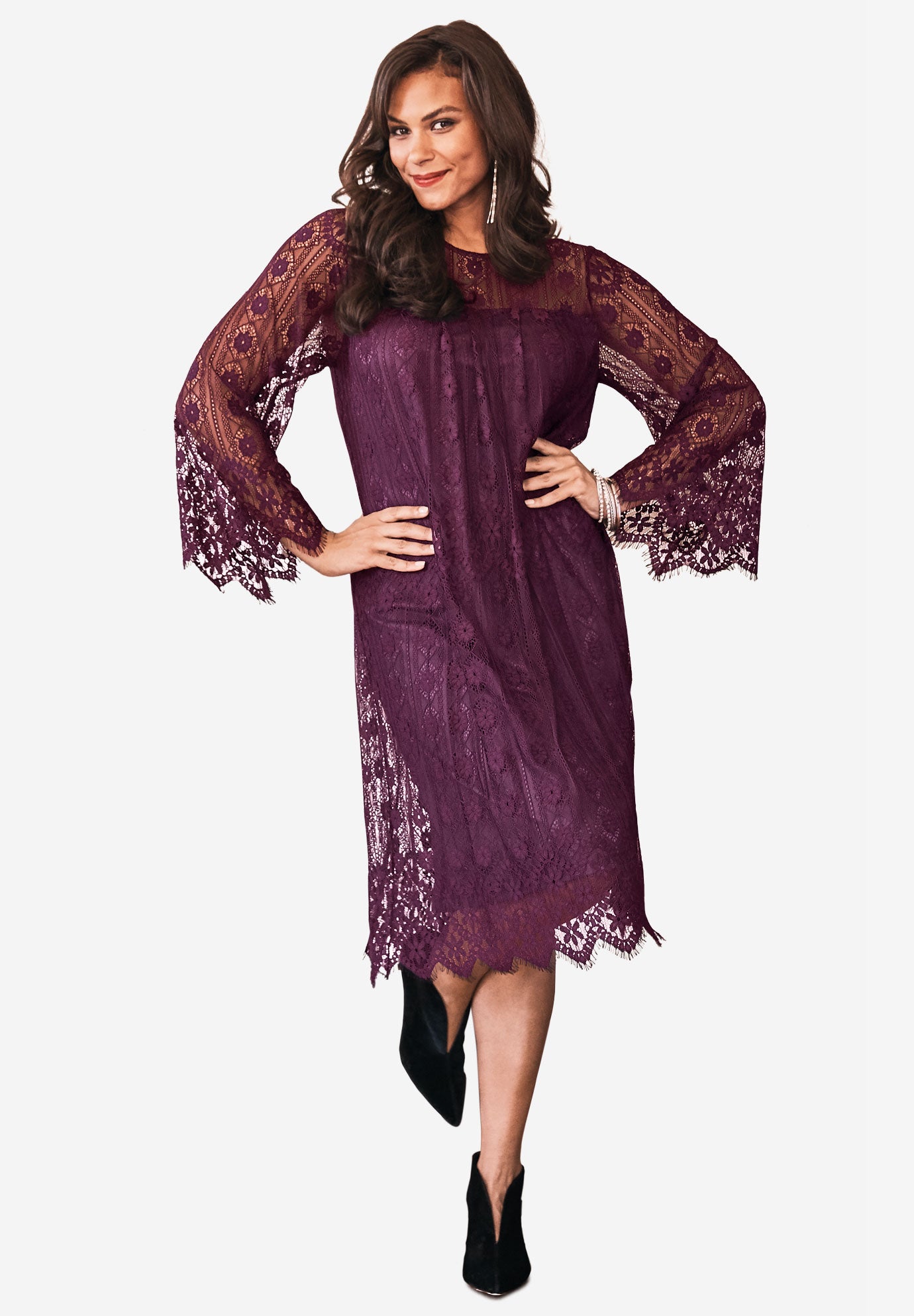 Lace Bell-Sleeve Dress with Eyelash Trim| Plus Size Work ...