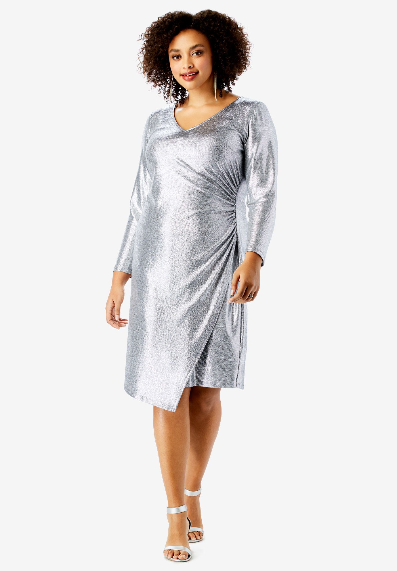 Metallic V Neck Dress With Side Ruching By Ronnie Nicole Plus